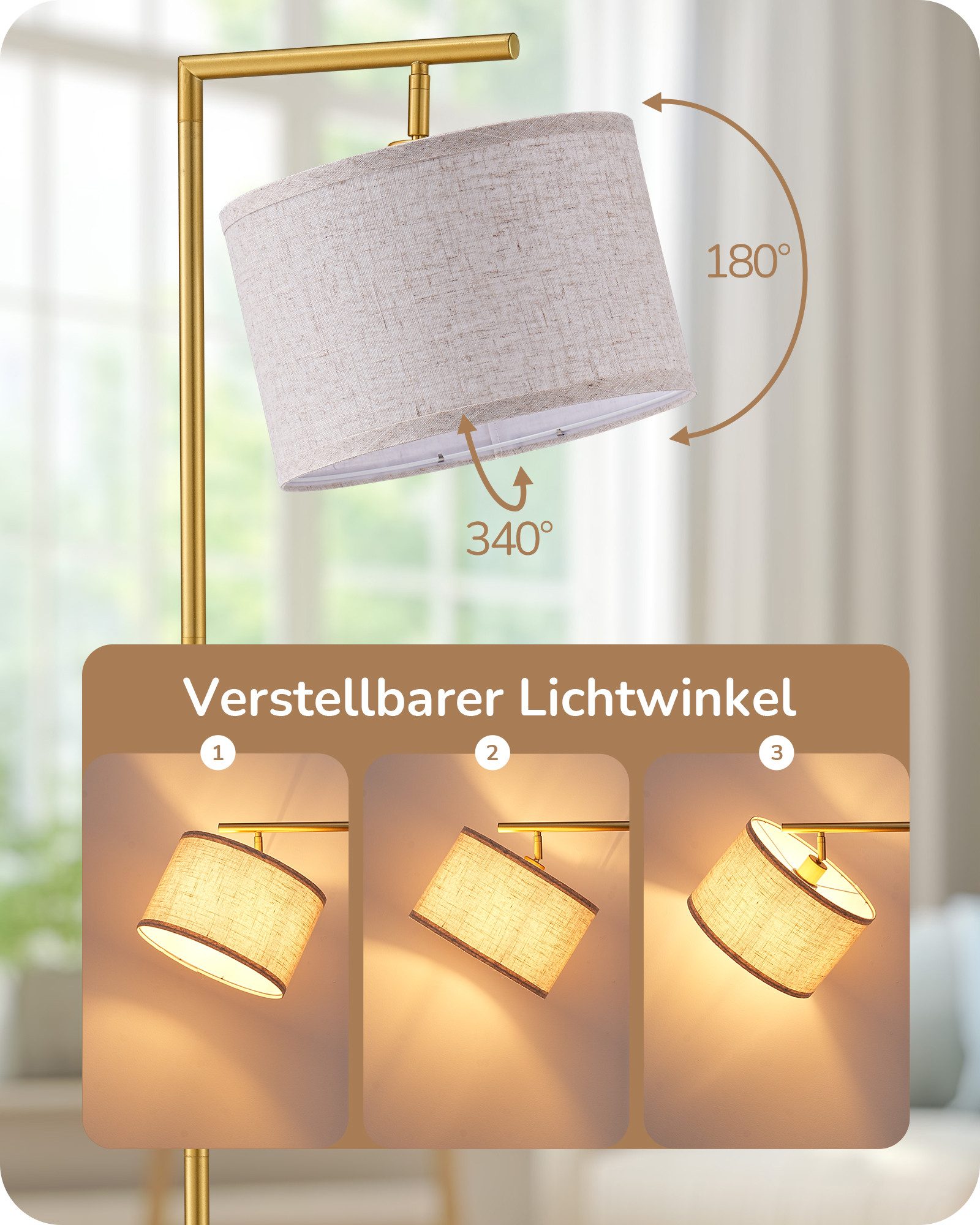 EDISHINE Stehlampe Wohnzimmer 160cm, Lampenschirm verstellbar, LED wechselbar, warmweiß, mit Lampenschirm aus Leinen