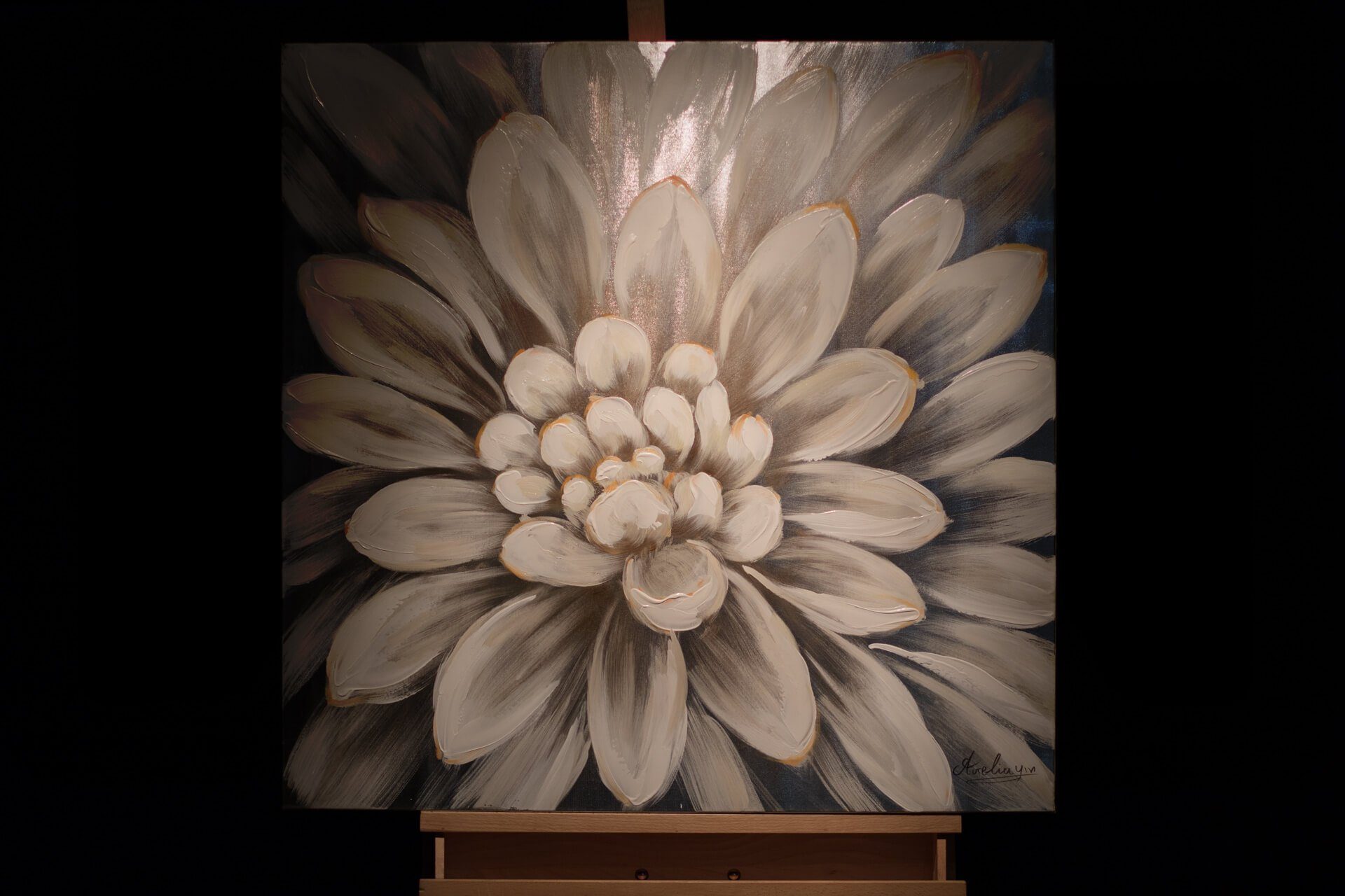 100% Wohnzimmer Gemälde Dahlia Leinwandbild cm, HANDGEMALT KUNSTLOFT Wandbild 80x80 Alabaster