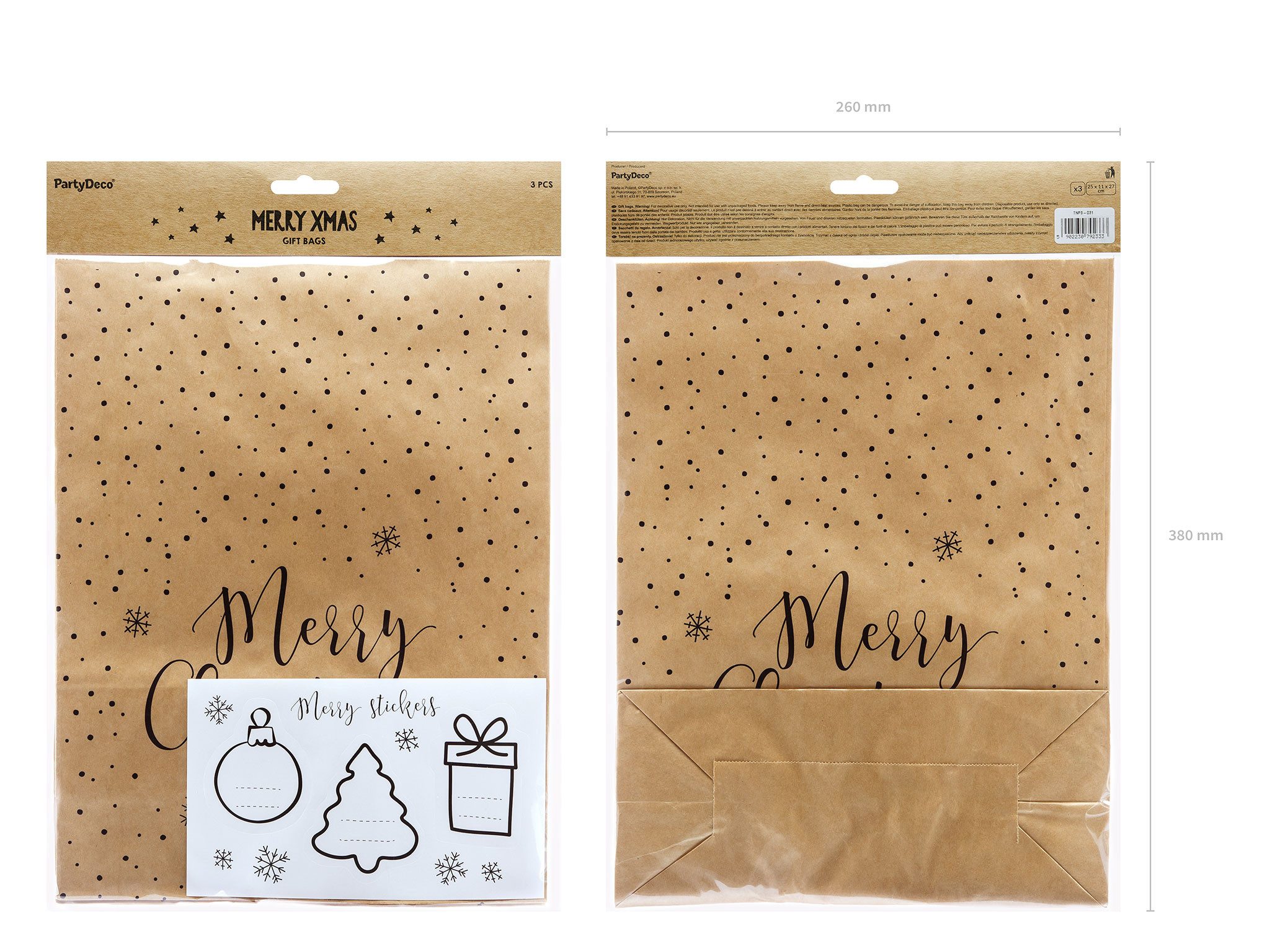 partydeco Aufbewahrungstasche, Geschenktüten 11x25x27cm Merry Christmas 3er Set Natur Braun