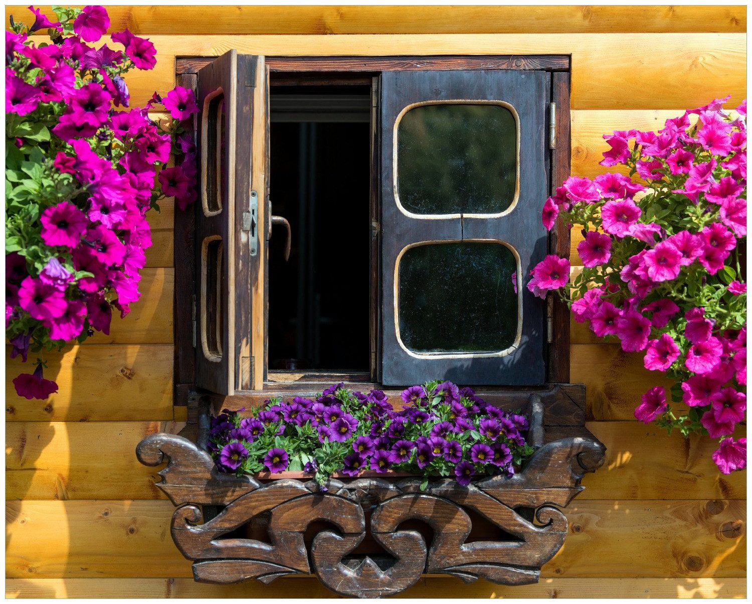 Wallario Poster, Fenster mit Blütenpracht, in verschiedenen Ausführungen