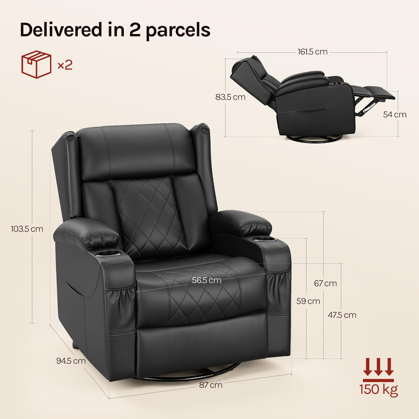 Woltu Relaxsessel, Fernsehsessel mit Liegefunktion,mit Tasche, 360° drehbar, PU