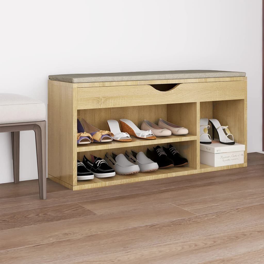 vidaXL Schuhregal Schuhbank mit Kissen Sonoma-Eiche 104x30x49 cm Holzwerkstoff, 1-tlg. Sonoma Eiche