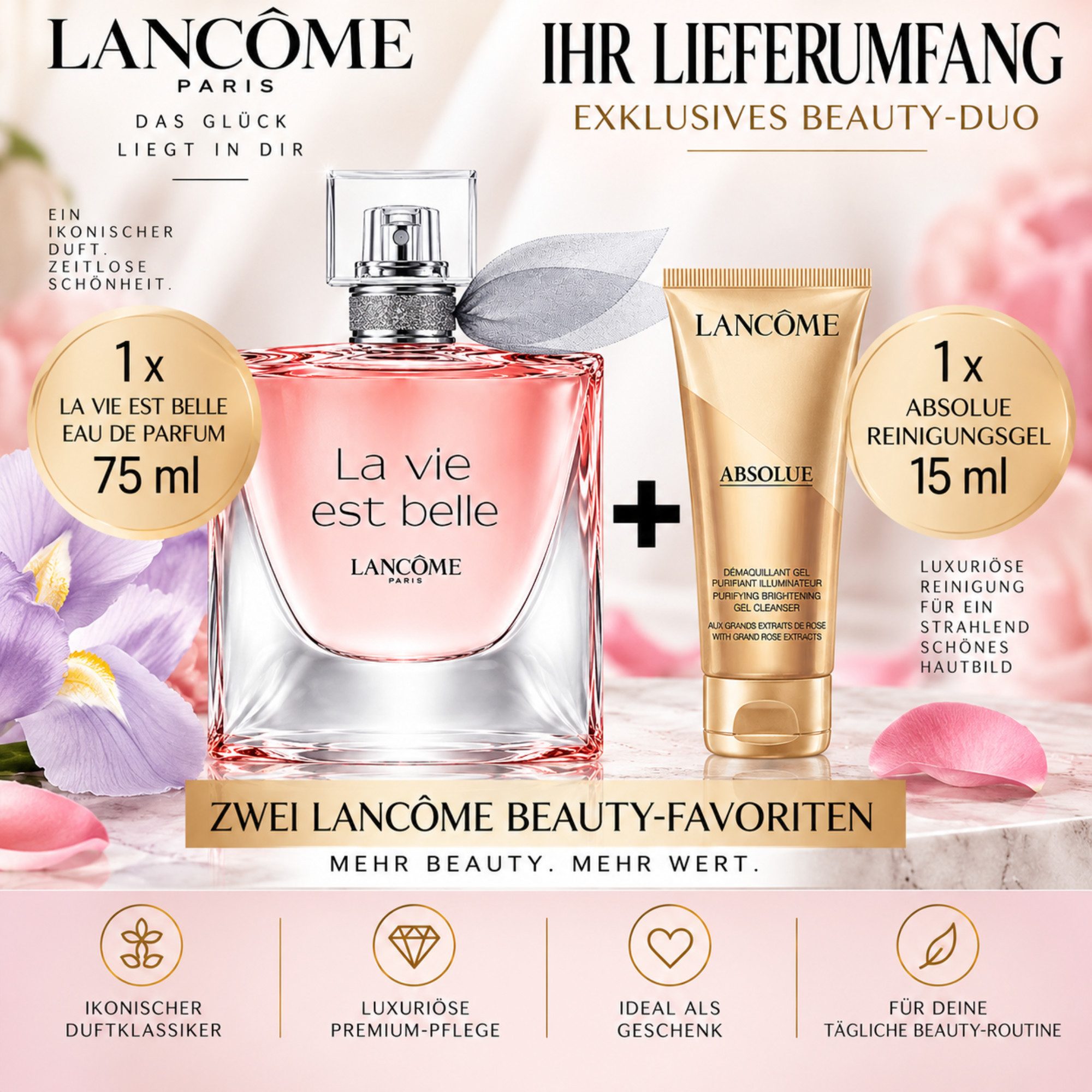LANCOME Duft-Set La Vie Est Belle EdP 75 ml inkl. Absolue 15 ml, 2-tlg., Premium Beauty-Duo aus Duft & luxuriöser Gesichtsreinigung – Bild 2 von 5