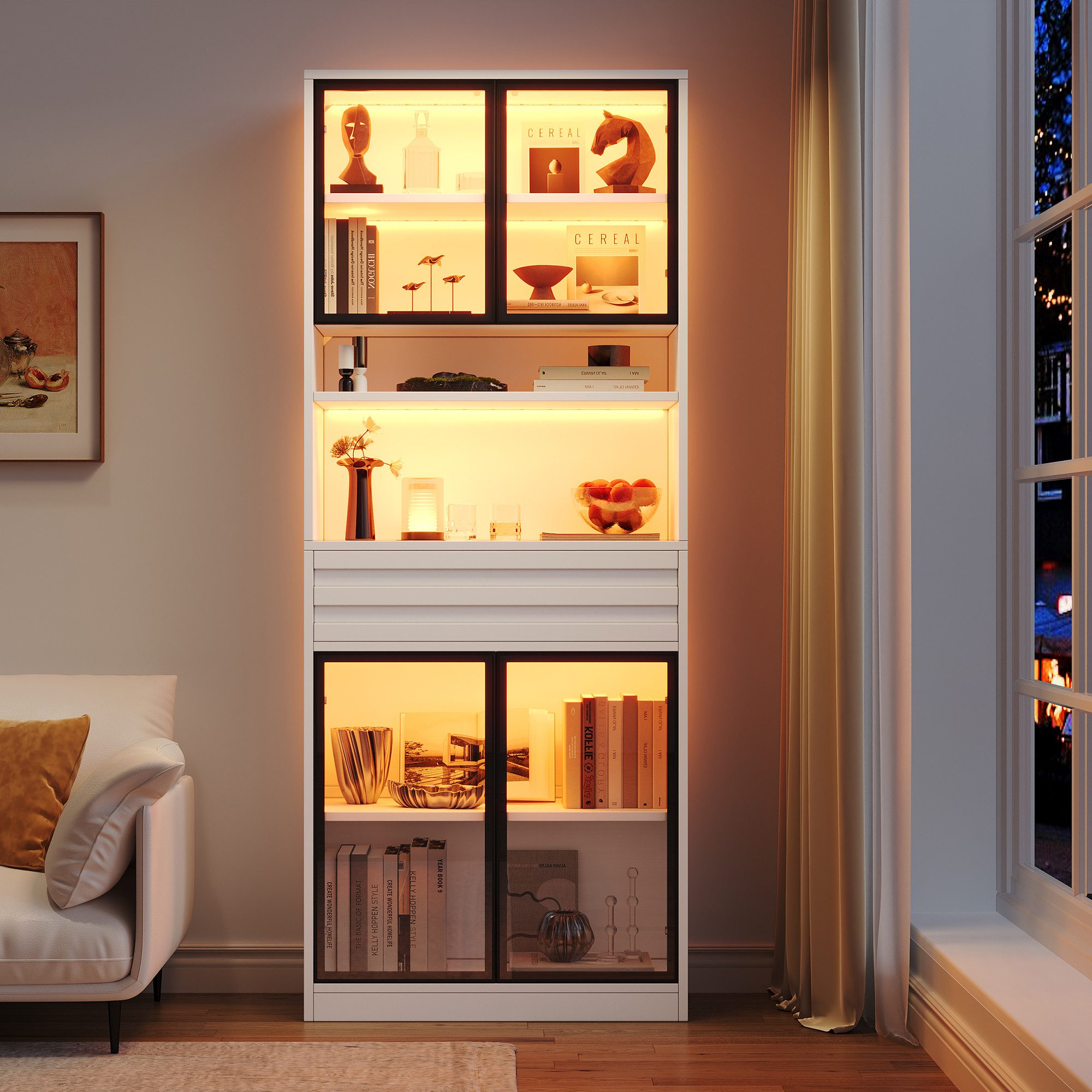 Merax Glasvitrine mit RGB LED-Beleuchtung inkl. App-Steuerung, 80 L x 35 B x 200 H cm (1-St., Wohnzimmerschrank Bücherschrank Ausstellungsschrank) Vitrine Hochschrank mit 4 Glastüren, Schublade & Stauraum