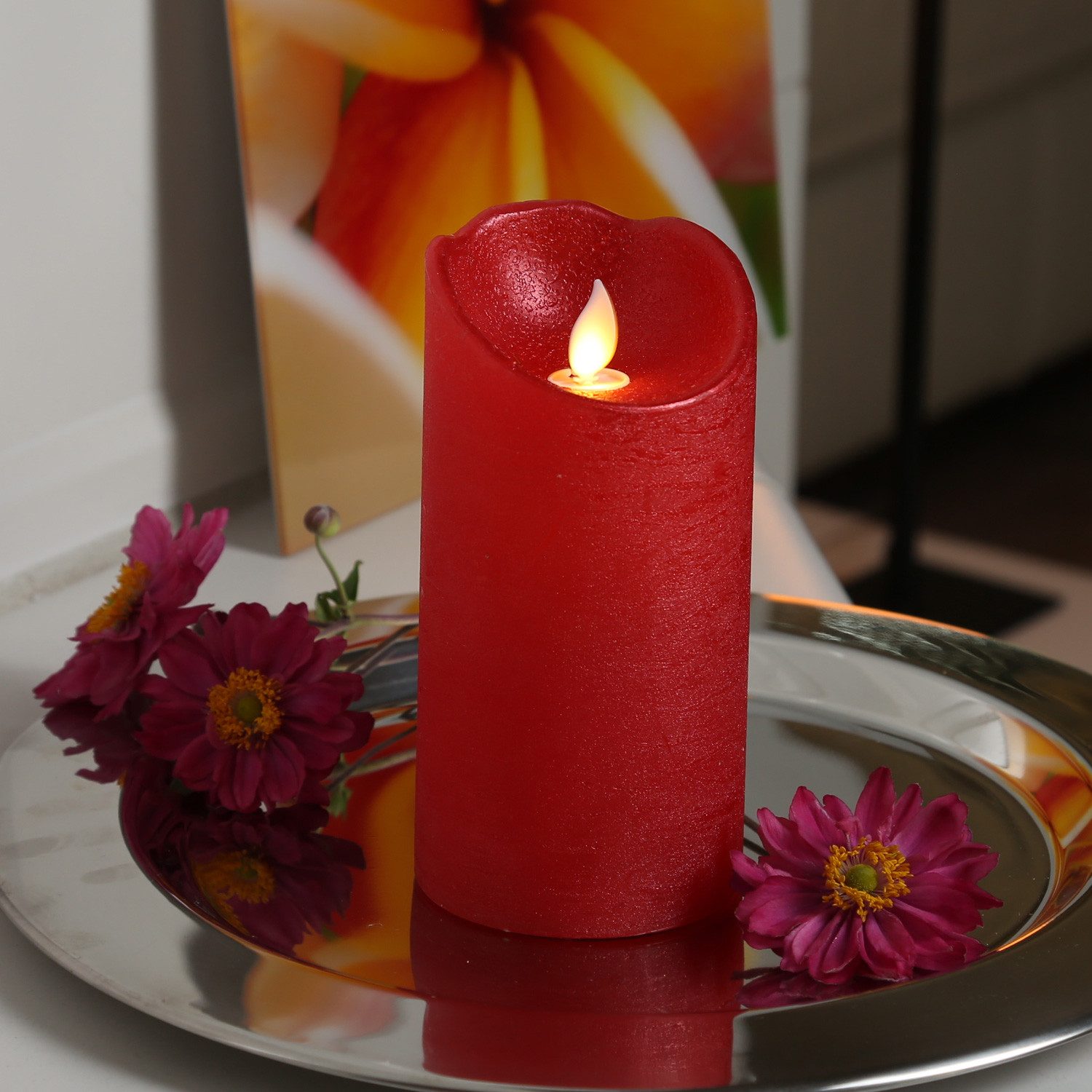 MARELIDA LED-Kerze mit beweglicher Flamme Echtwachs Rustik-Optik H: 15cm Timer rot