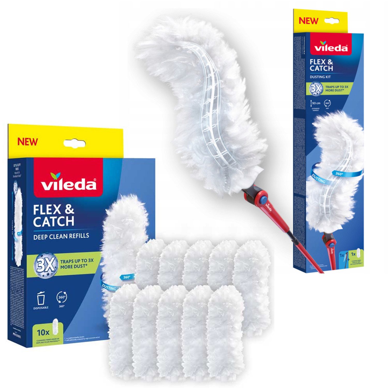 Vileda Staubwedel Flex Catch Handfeger mit langem Stiel, 11 Ersatzblätter, Rutschschutz, flexibler Kopf