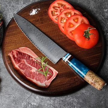 KingLux Messer-Set 3tlg.Damast Küchenmesser-Set Chef Santoku Ausbeinmesser (3-tlg)