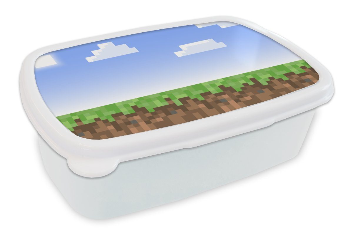 MuchoWow Lunchbox Spiele - Pixel - Spiele - Gras, Kunststoff, (2-tlg), Brotbox für Kinder und Erwachsene, Brotdose, für Jungs und Mädchen weiß