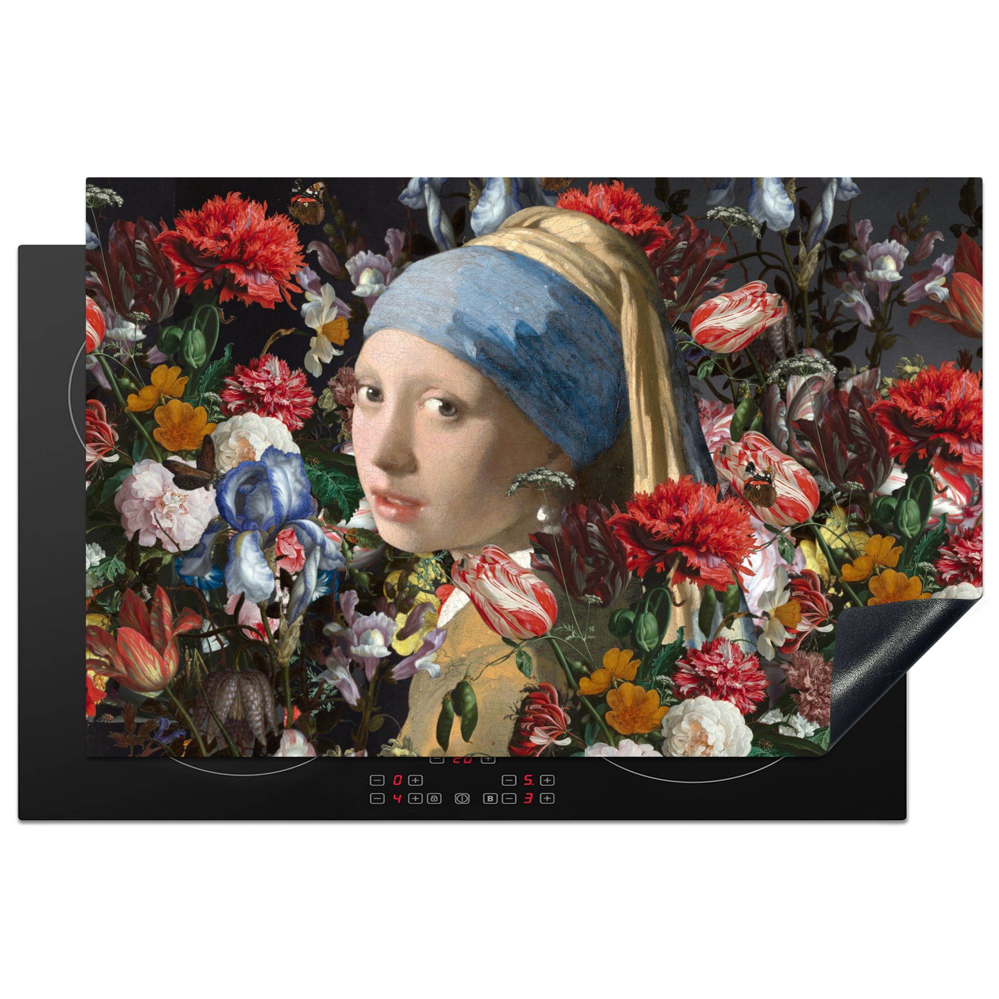 MuchoWow Herdblende-/Abdeckplatte Das Mädchen mit dem Perlenohrring - Johannes Vermeer - Blumen, Vinyl, (1 tlg), 81x52 cm, Induktionskochfeld Schutz für die küche, Ceranfeldabdeckung