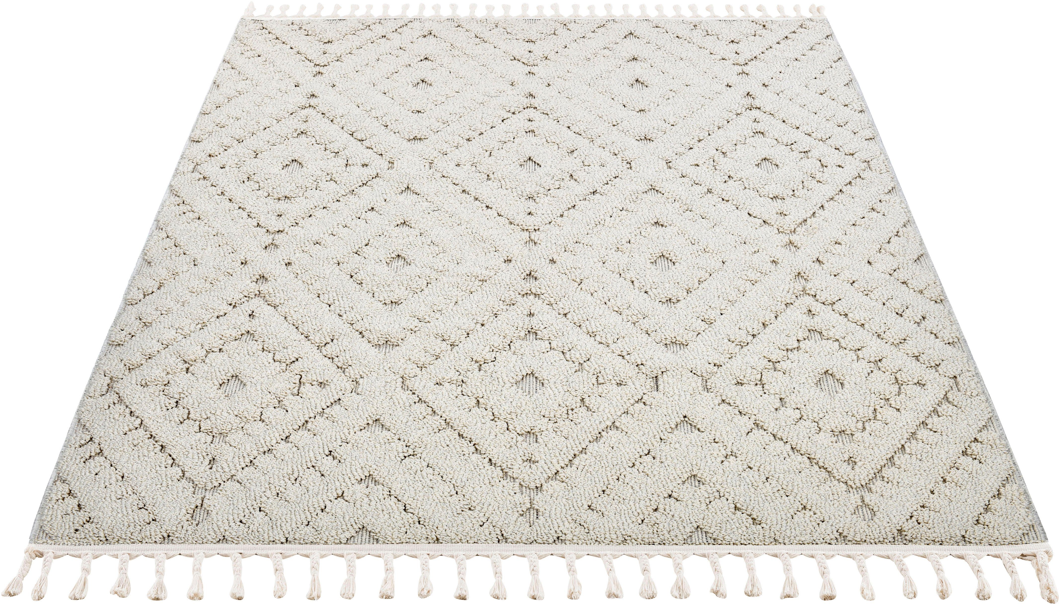Teppich Rayan, my home, rechteckig, Woll-Look, Rauten-Muster Fransen, Höhe: Hoch-Tief-Struktur, mit mm, Boho, 18