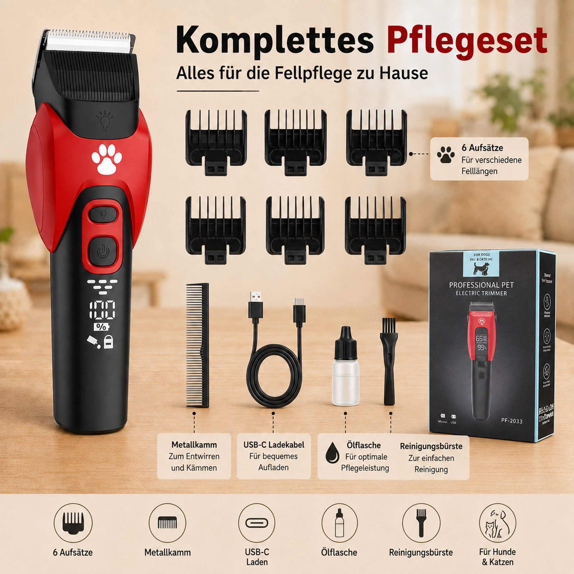 Luckice Hundeschermaschine Tierhaarschneider Set Tierhaarschneidemaschine mit Zubehör, Leise Hundeschermaschine, 1200mAh Hundetrimmer mit 3 Geschwindigkeiten, Mit Kamm ausgestattet geeignet für Hunde Katzen und Haustiere mit