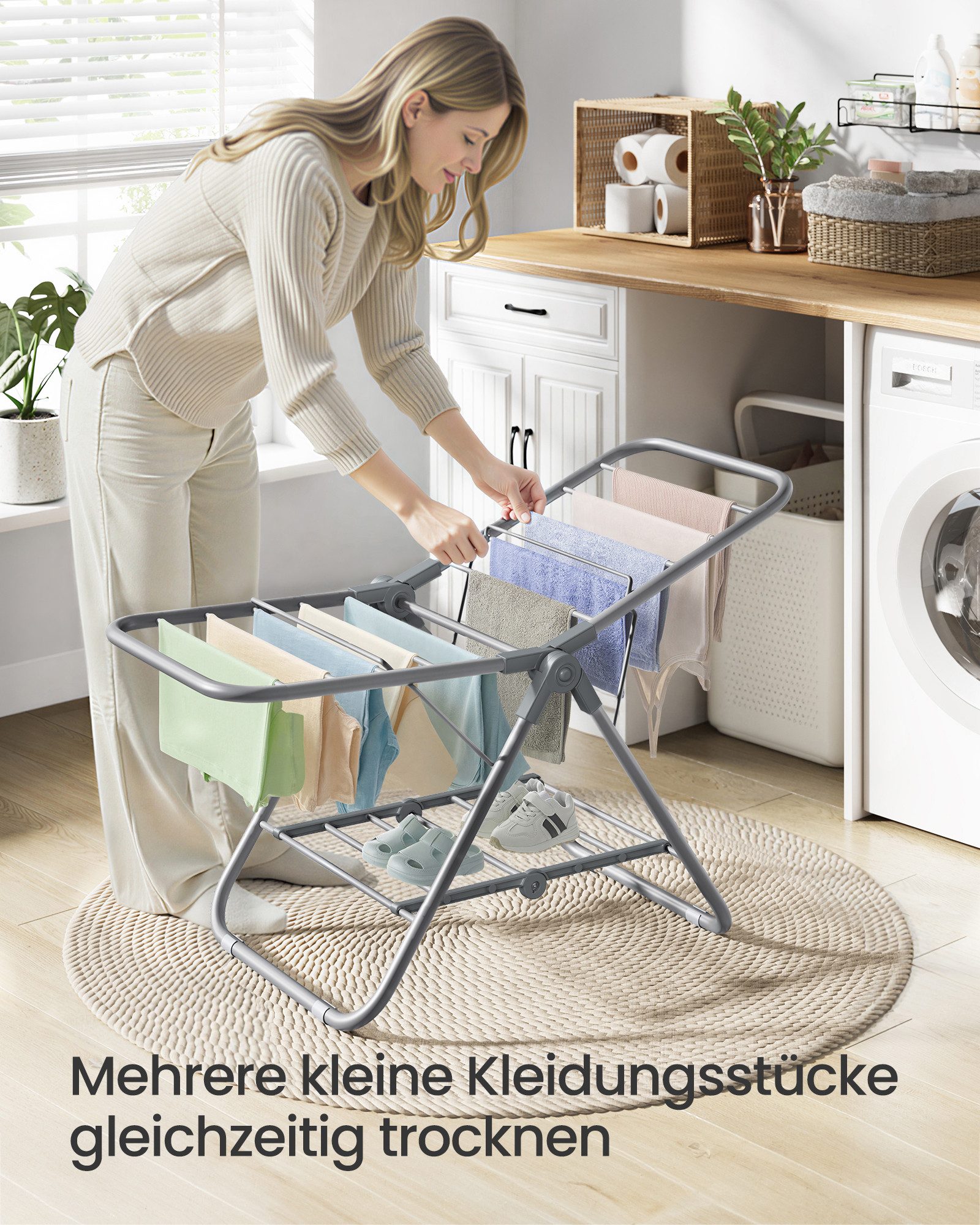 SONGMICS Wäscheständer Standtrockner, klein, faltbare, mit 2 Flügeln, platzsparend, Metall, 44 x 101 x 54 cm