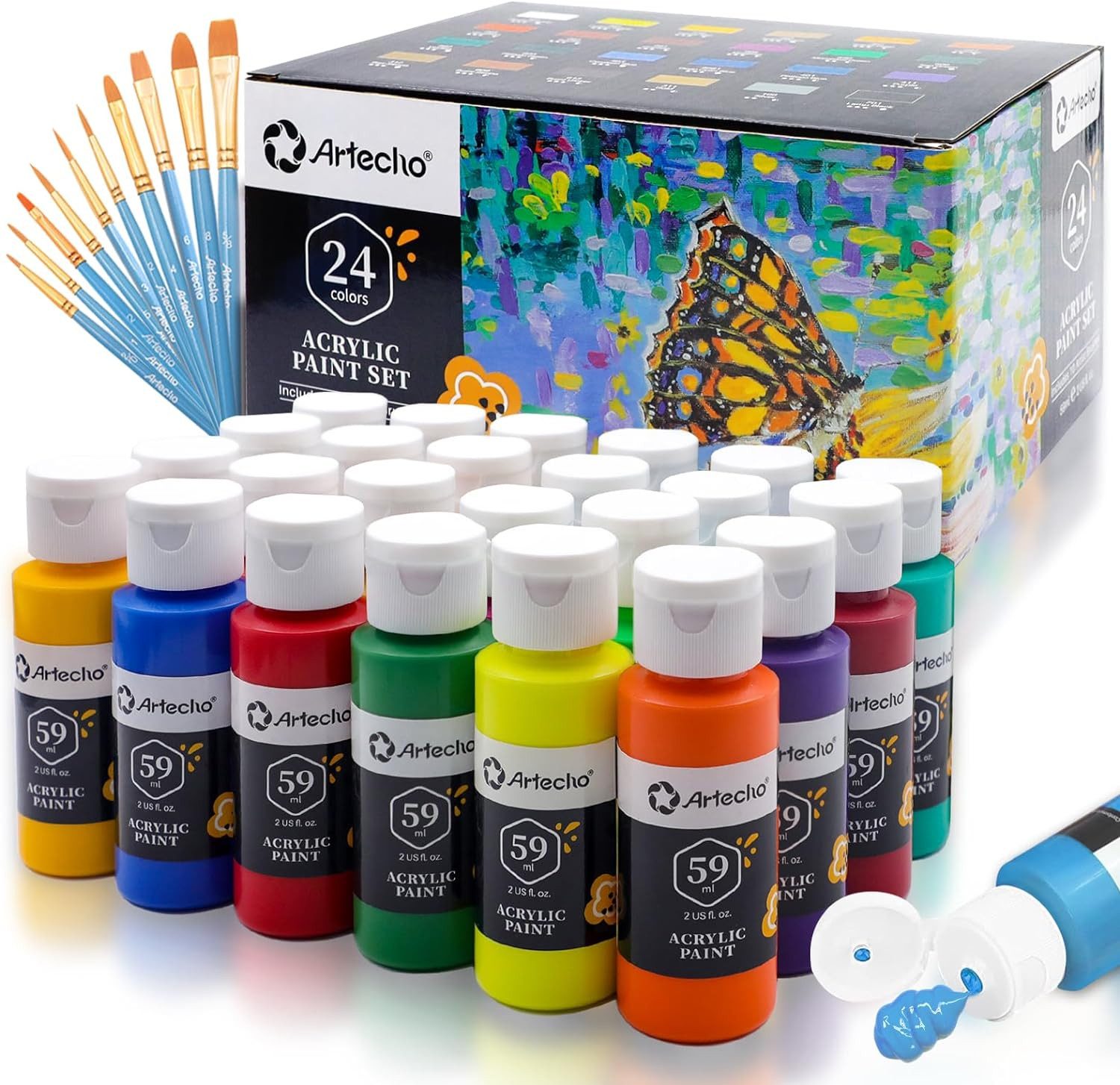 Artecho Acrylfarbe Künstler Set – 18 / 24 x 59ml Wasserfest Акрил mit 10 Pinseln, Für Papier, Leinwand, Karton, Holz, Stoff, Glas, Stein, Ton uvm.