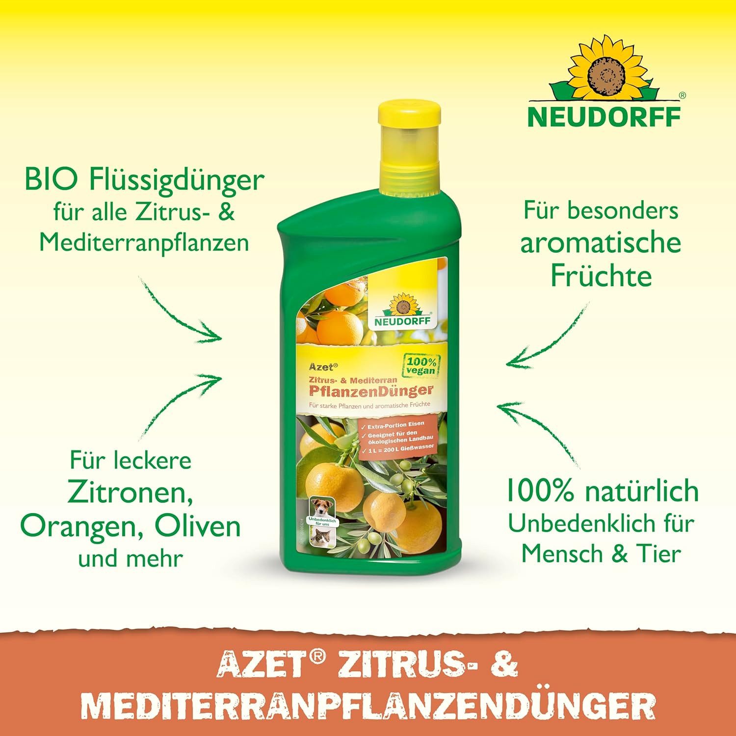 Neudorff Spezialdünger Azet Zitrus- & Mediterran PflanzenDünger 1 L, Mit einer Extra-Portion Eisen