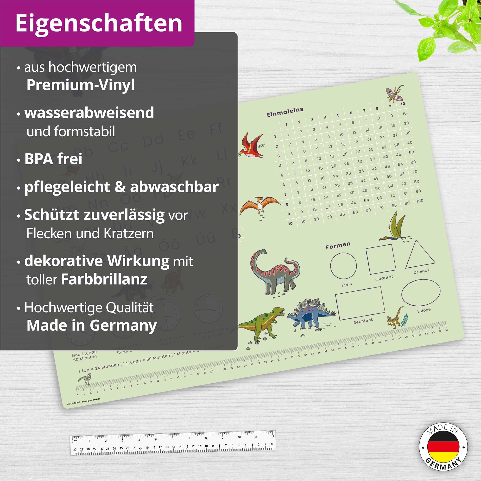 cover-your-desk.de Schreibtischunterlage Lernunterlage Dino, abc & 1x1 für Kinder Schulanfang, Made in Germany, (1 tlg)