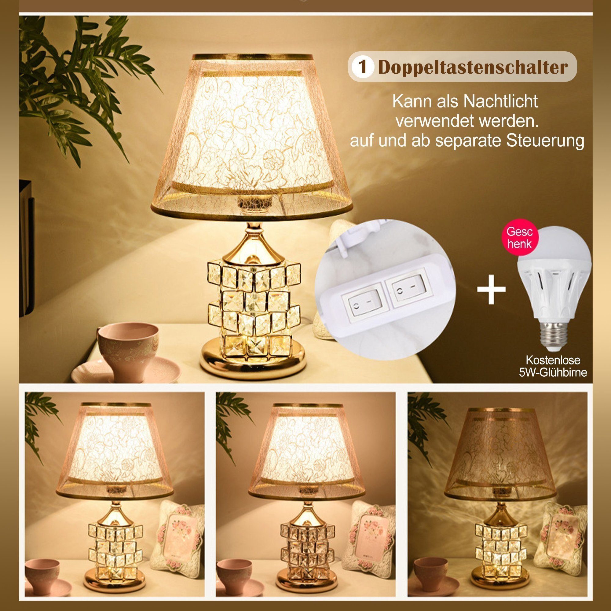 ibettertec LED Teichleuchte Kristall Tischleuchte,Gold Tischlampe Vintage,LED Nachttischlampe, Knopfschalter, einfach zu bedienen. Kristallbasis, High-End-Luxus – Bild 4 von 5