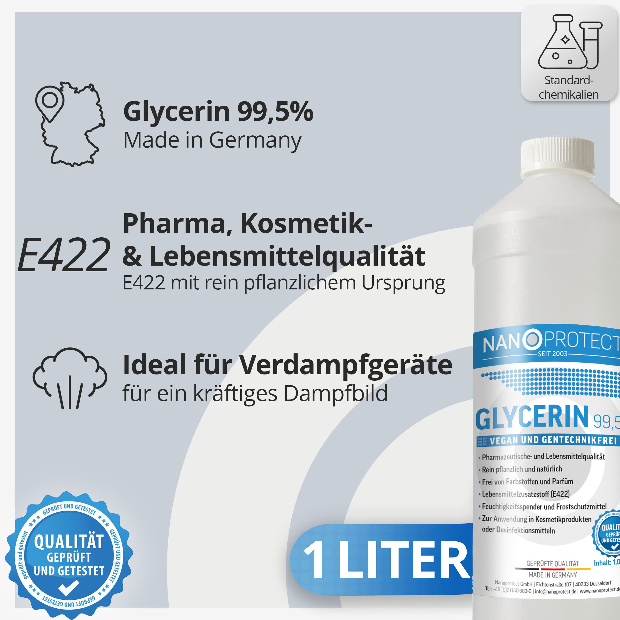 Nanoprotect Handseife Glycerin 99,5%, 1 Liter (1,25 kg), Rein pflanzliches Glycerol, Pharma- und Lebensmittelqualität E422