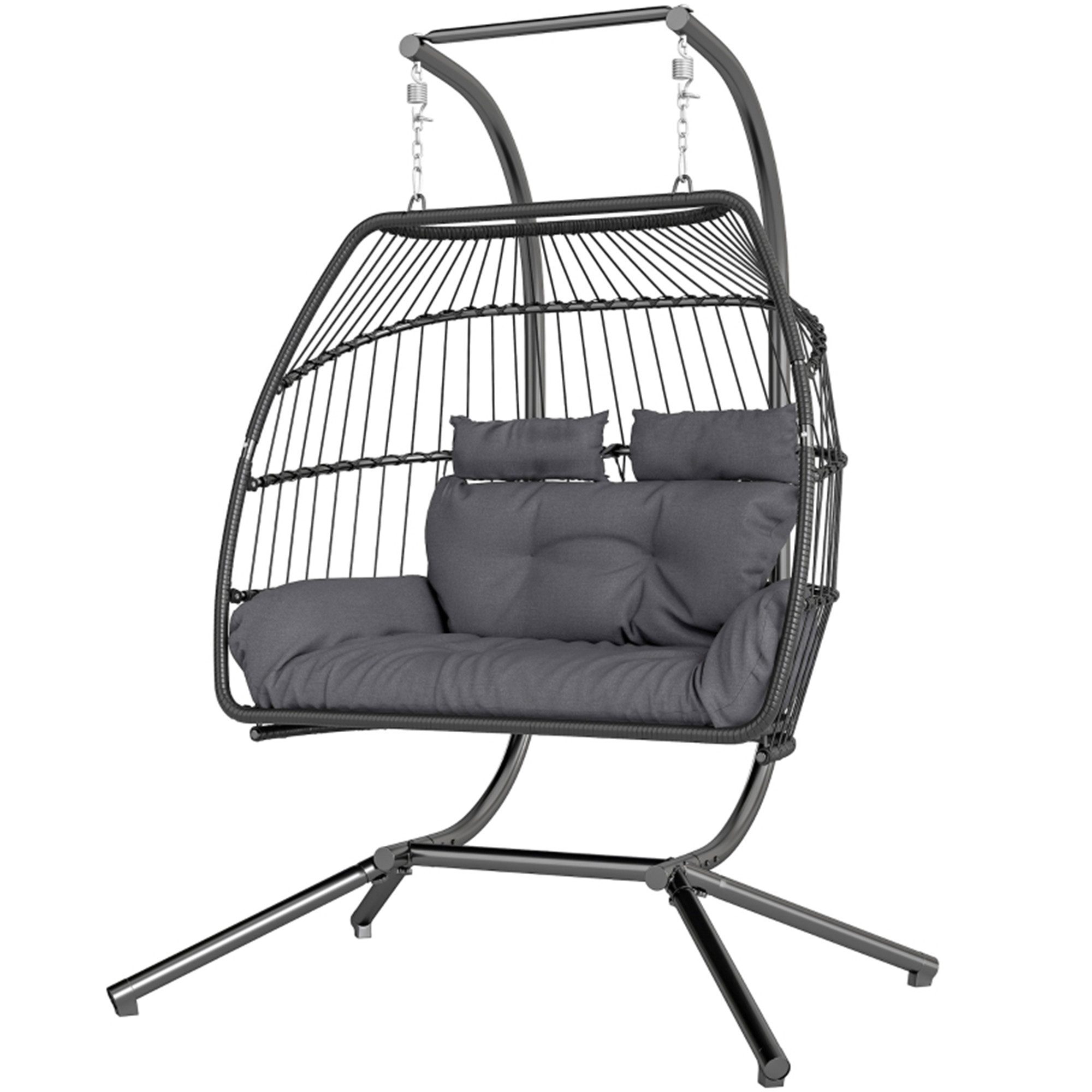 MC Star Hängesessel mit Gestell faltbar Hängekorb mit Kissen Polyrattan Ergonomisch (Hängeschaukel für 2 Personen Outdoor Hängestuhl belastbar bis 260kg Sessel für Balkon Terrasse Dunkelgrau)