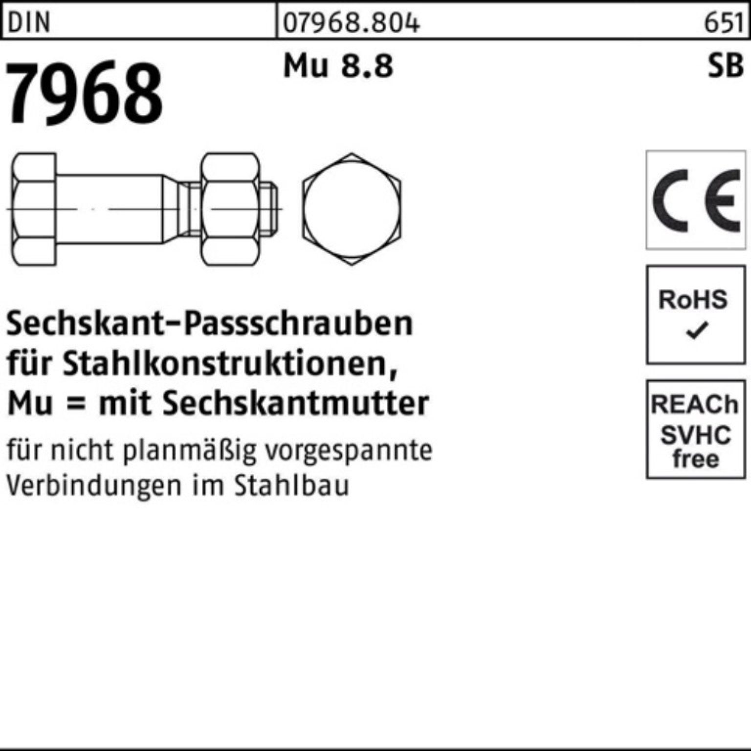 Pack Sechskantpassschraube Schraube 8.8 Stück 1 Reyher 100 7968 M20x DIN Mutter 100er