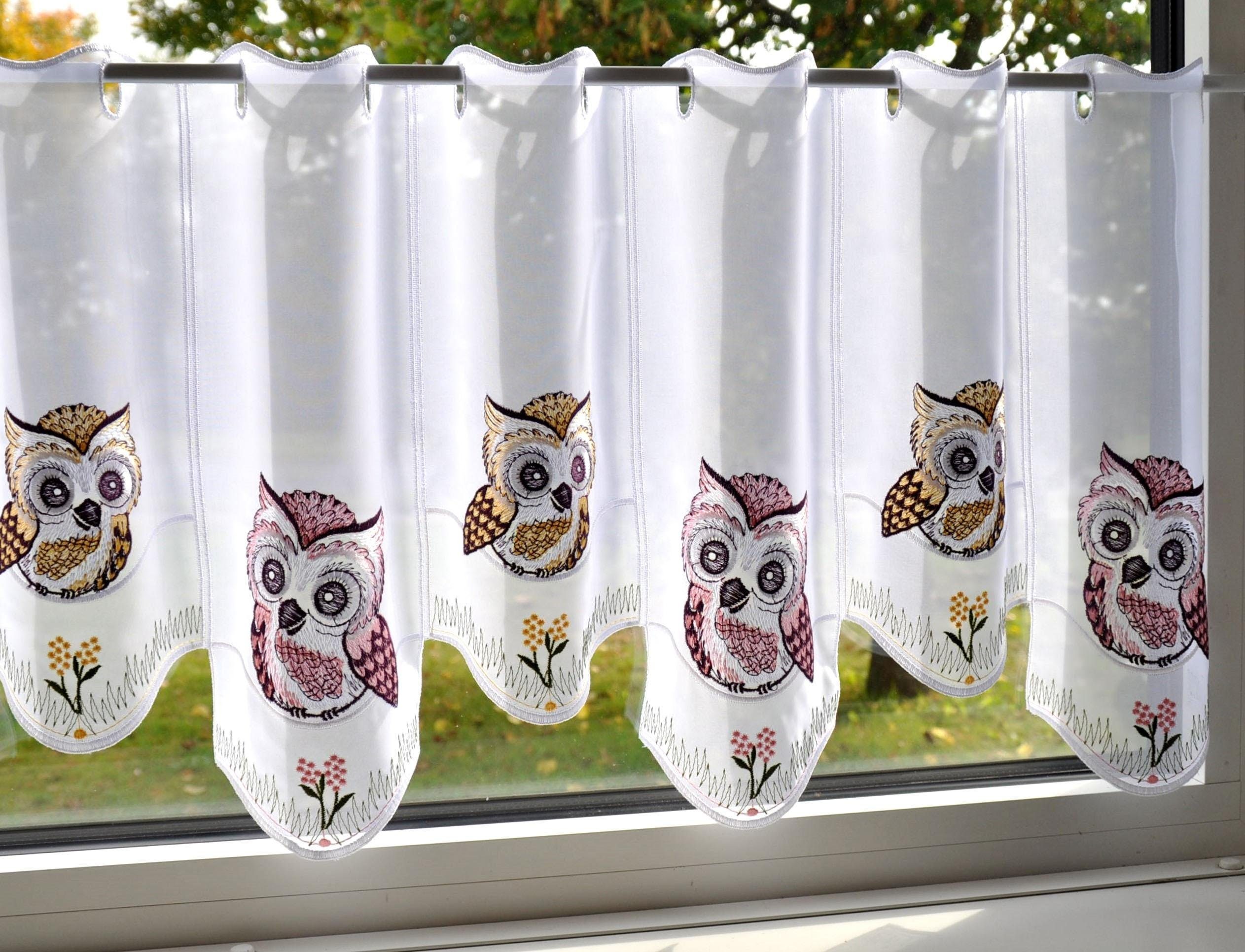 Stickereien Plauen Gardine Eulen in Rosa-braun (1 St), Stangendurchzug, transparent, Voile