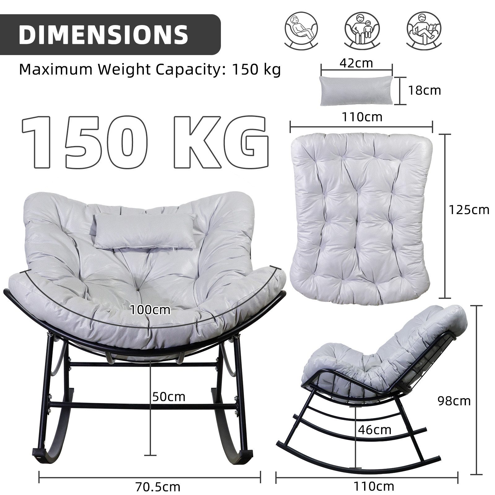 CCLIFE Schaukelstuhl Schaukelsessel Wohnzimmer Relaxstuhl Kopfstütze, Bis 150kg