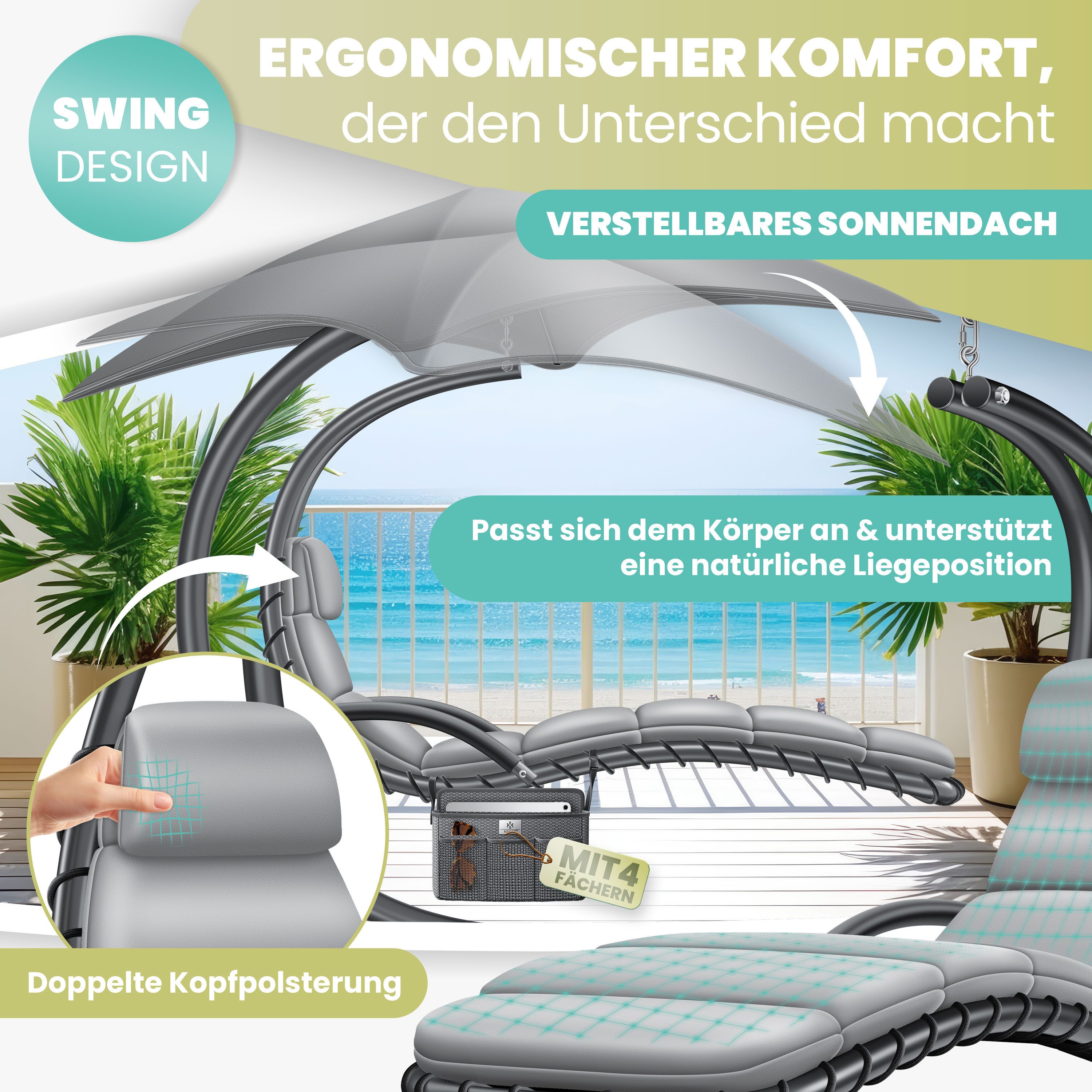 KESSER Gartenliege, Schwebeliege mit Sonnenschirm, Hängeliege Sonnenliege
