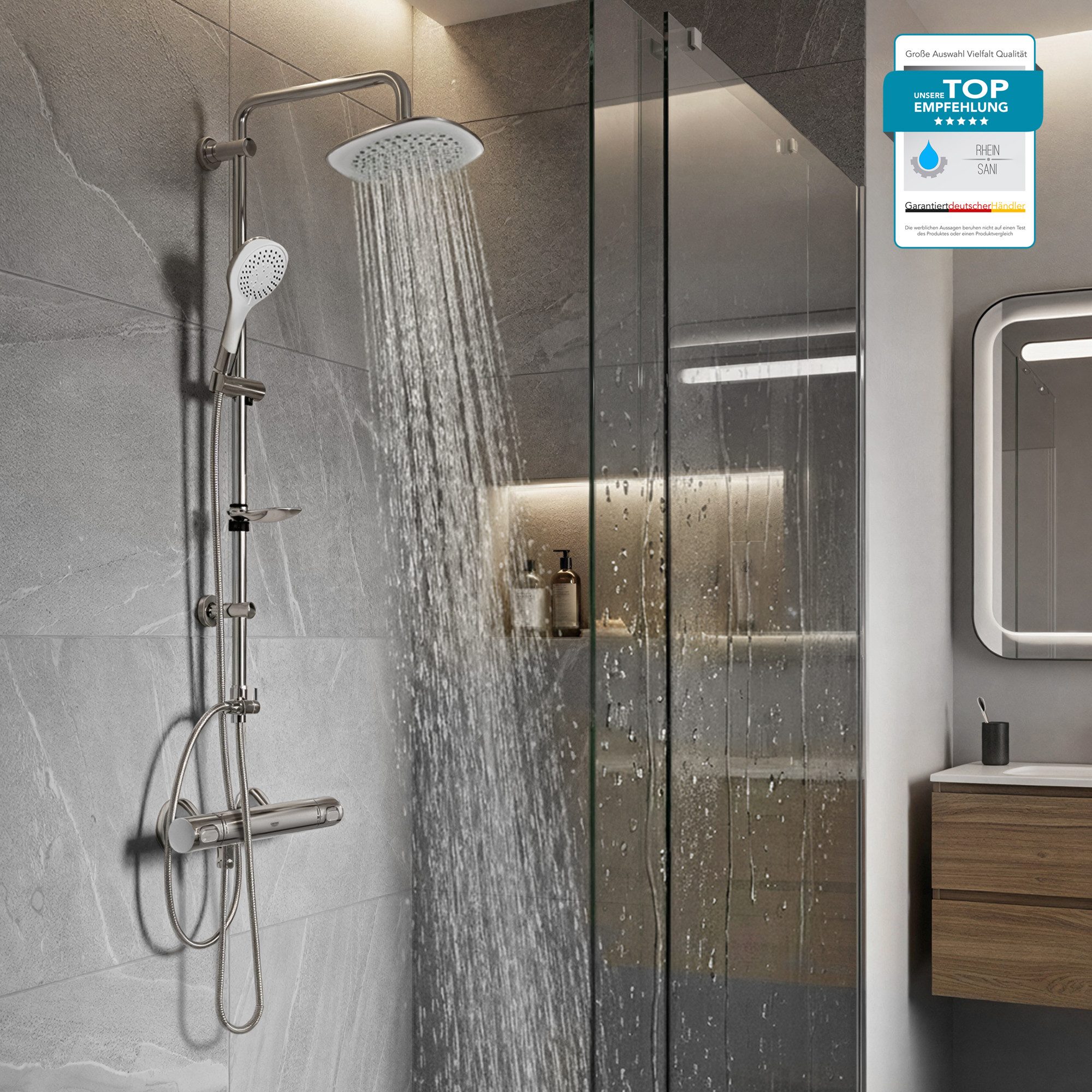 Grohe Duscharmatur Precision Flow mit Thermostat, Duschstange, Handbrause & Seifenhalter (Spar-Set) mit Regendusche, 3 Strahlarten mit SafeStop Sicherheitssperre bei 38°