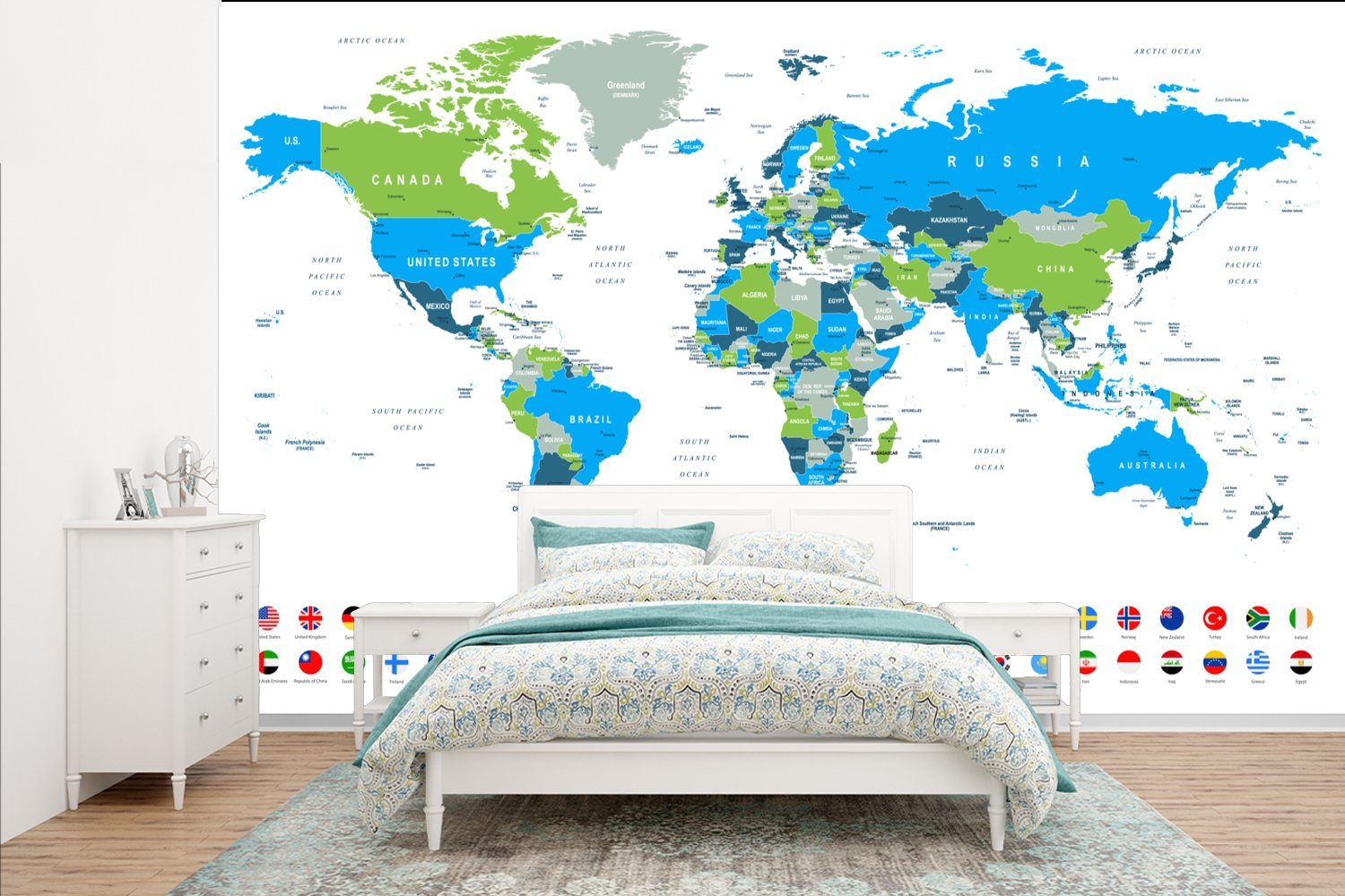 MuchoWow Fototapete Weltkarte - Flagge - Blau - Grün, Matt, bedruckt, (7 St), Vinyl Tapete für Wohnzimmer oder Schlafzimmer, Wandtapete | Fototapeten