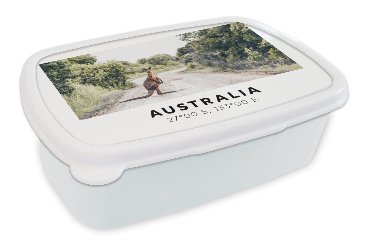 MuchoWow Lunchbox Känguru - Australien - Tiere, Kunststoff, (2-tlg), Brotbox für Kinder und Erwachsene, Brotdose, für Jungs und Mädchen weiß