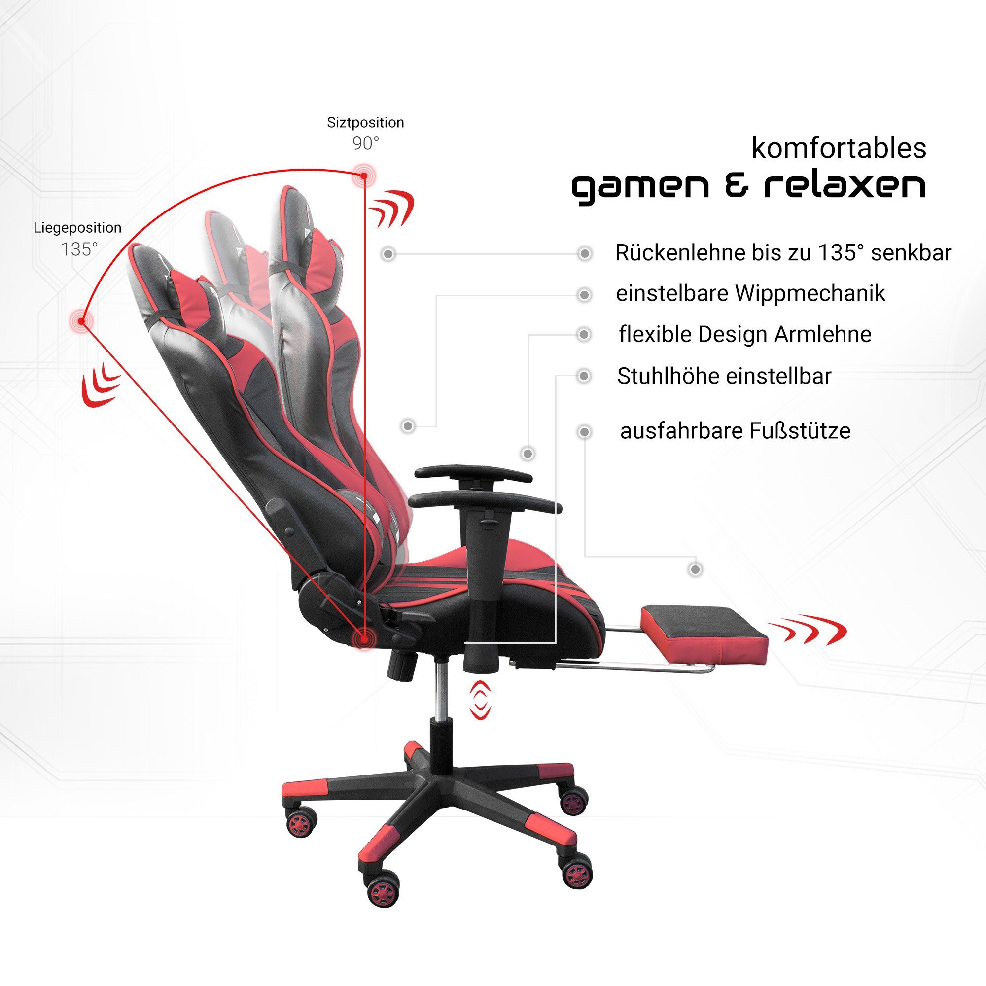 Racing-Design Rot Chefsessel TRISENS (einzeln), Armlehnen Schwarz mit im flexiblen Thanos Gaming Bürostuhl / Stuhl
