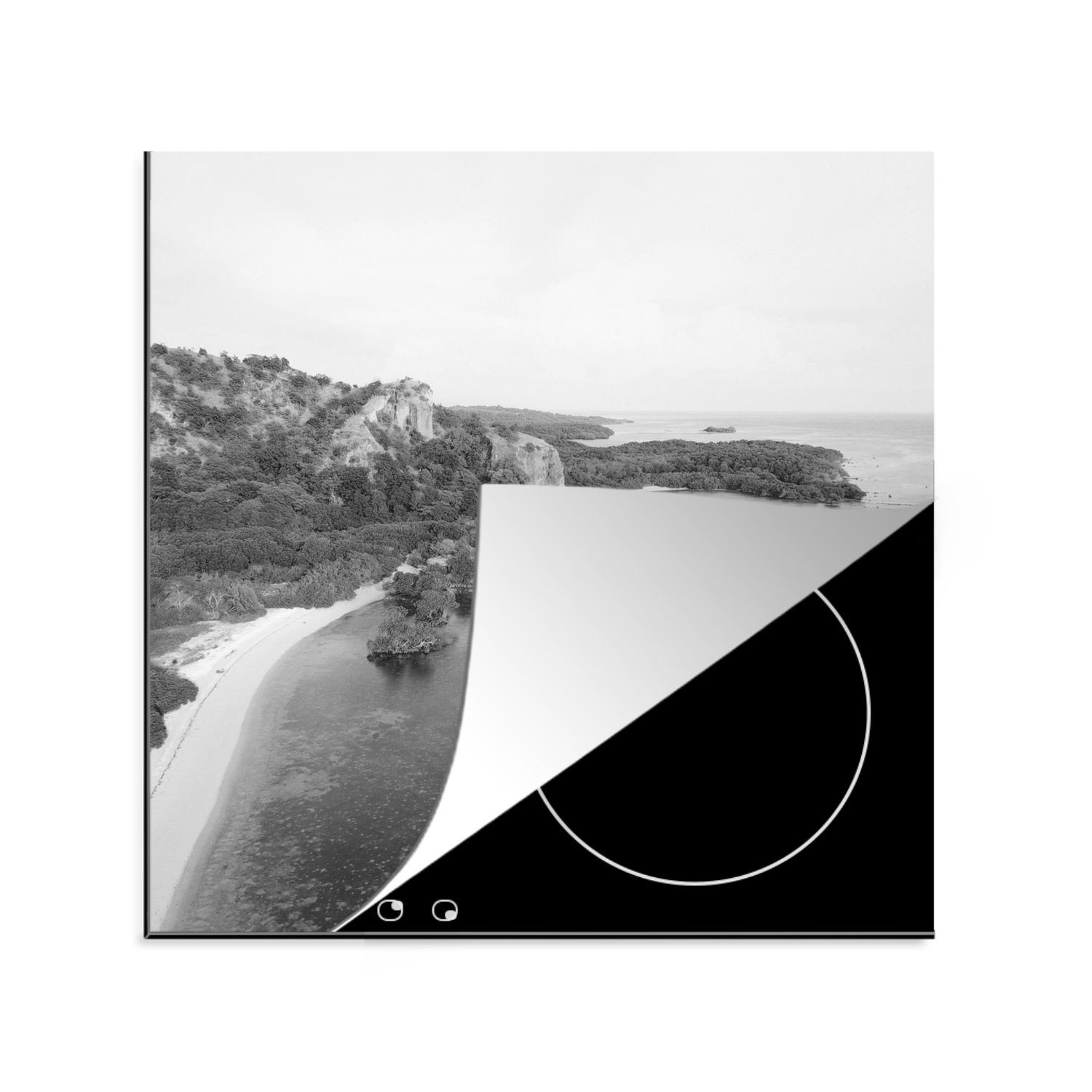 MuchoWow Herdblende-/Abdeckplatte Meer - Strand - Schwarz - Weiß, Vinyl, (1 tlg), 78x78 cm, Ceranfeldabdeckung, Arbeitsplatte für küche
