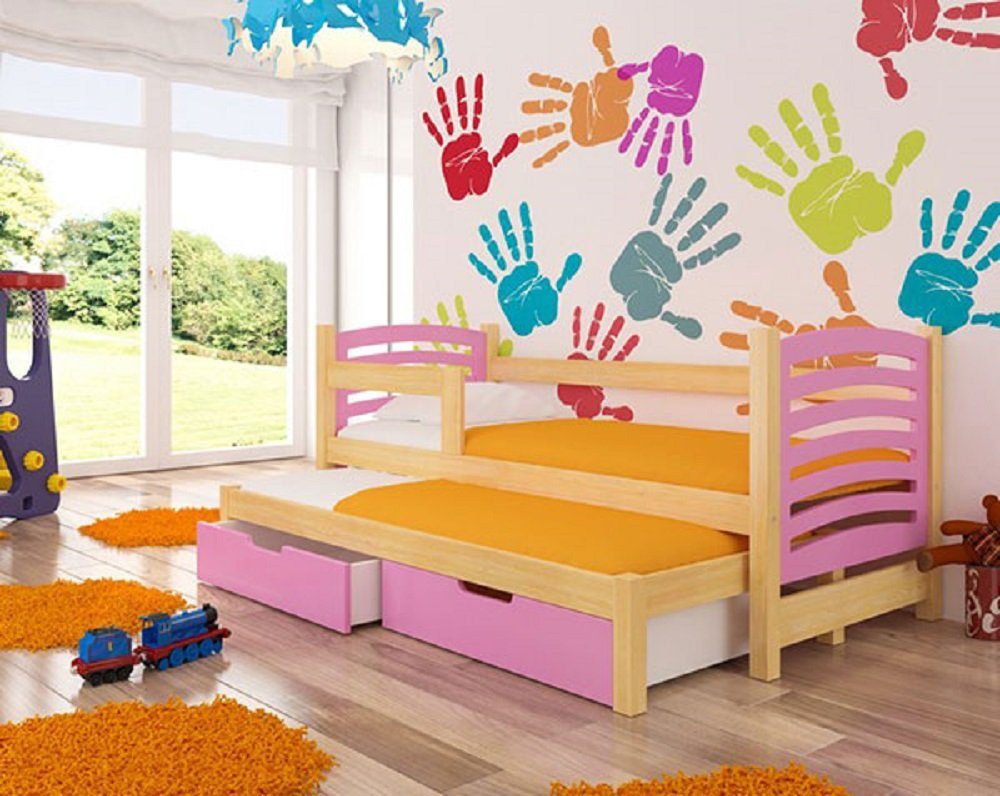 Feldmann-Wohnen Kinderbett AVILA (mit 2 Schlafgelegenheiten), Farbe wählbar Kiefer Natur / Absetzungen: rosa