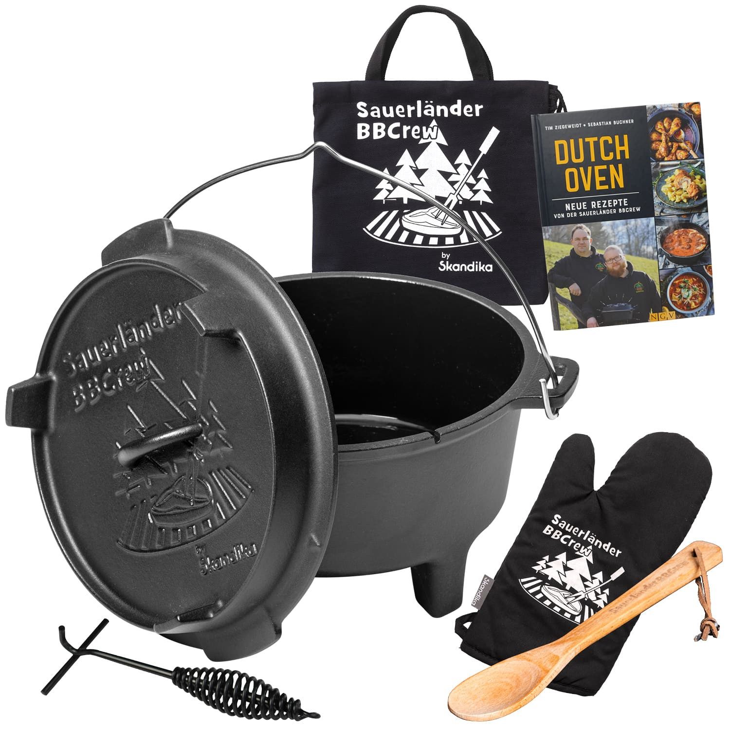 Skandika Grilltopf BBCREW Dutch Oven 10,25 L Feuertopf, Gusseisen, Outdoorküche, Kochtopf, Emaillierung, Rezeptbuch, Deckelheber, Spülmaschinenfest, auch Pfanne