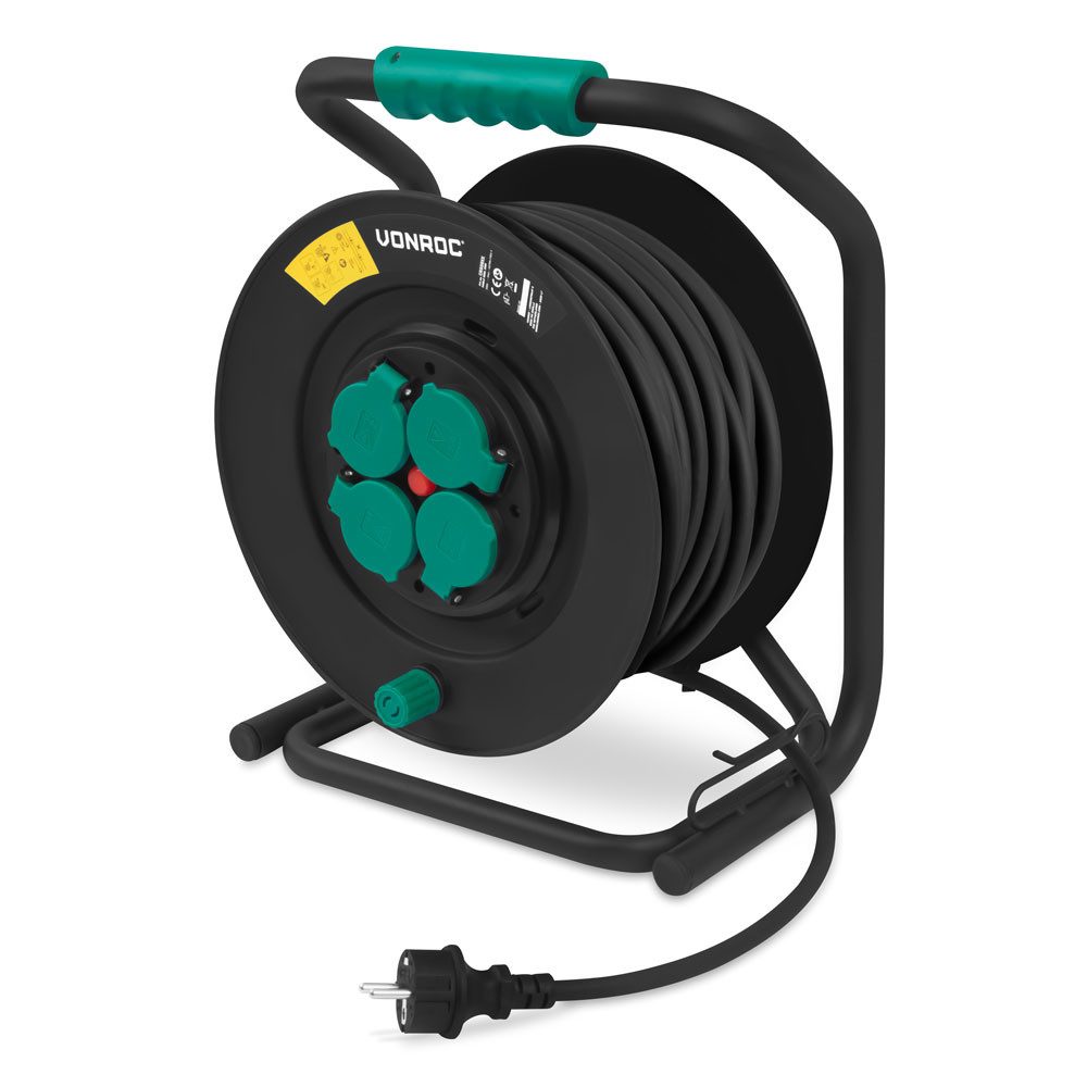 VONROC PRO Kabeltrommel 4-fach (IP44 - Neopren Kabel H07RN-F 3x1,5 mm² - 4 Schuko-Steckdosen mit Erdung -, 3000 Watt (aufgewickelt) / 1100 W (aufgerollt), Kabellänge 50 m), - fester Kern - Wärmeschutz