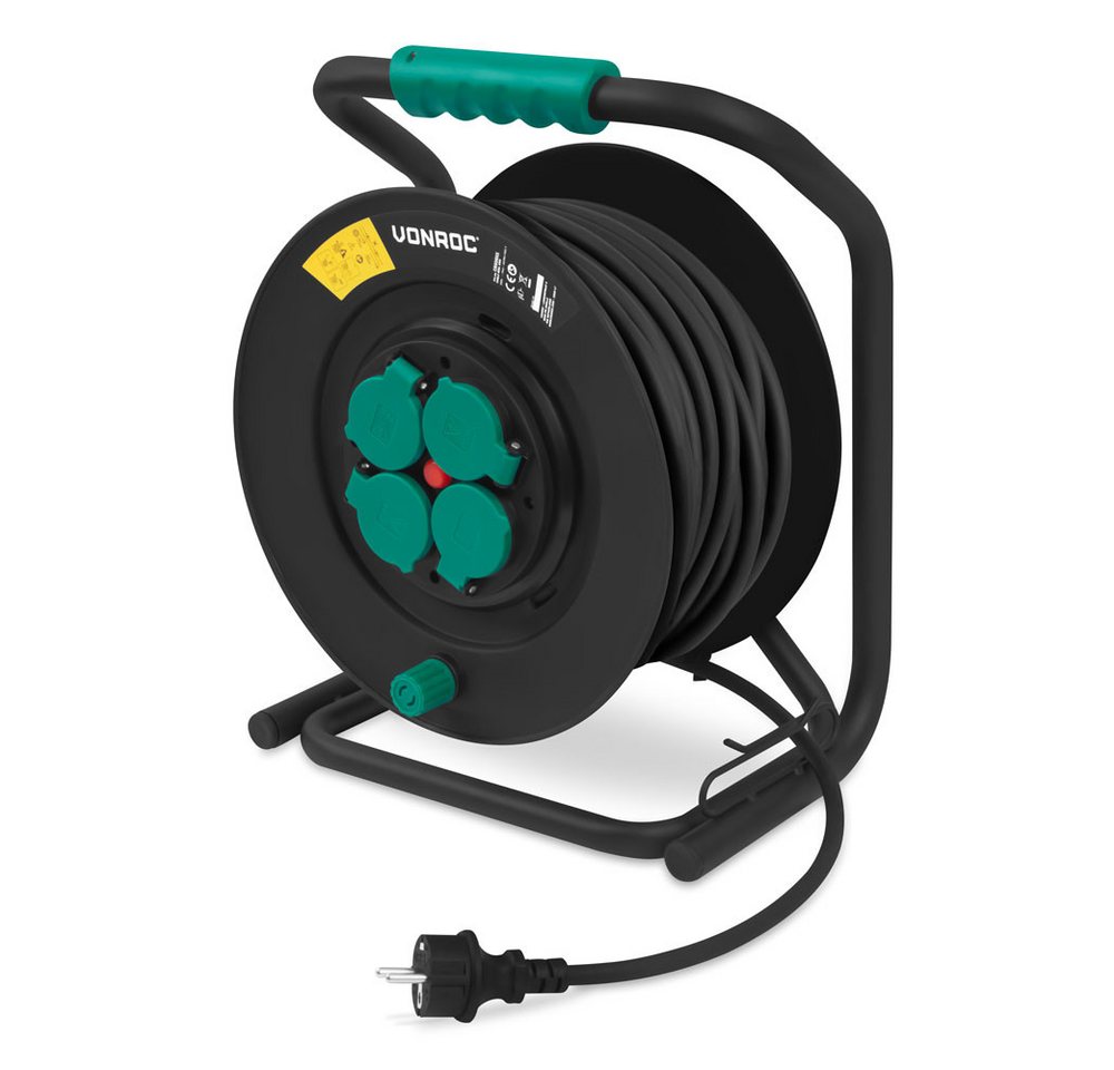 VONROC PRO Kabeltrommel 4-fach (IP44 - Neopren Kabel H07RN-F 3x1,5 mm² - 4 Schuko-Steckdosen mit Erdung -, 3000 Watt (aufgewickelt) / 1100 W (aufgerollt), Kabellänge 50 m), - fester Kern - Wärmeschutz