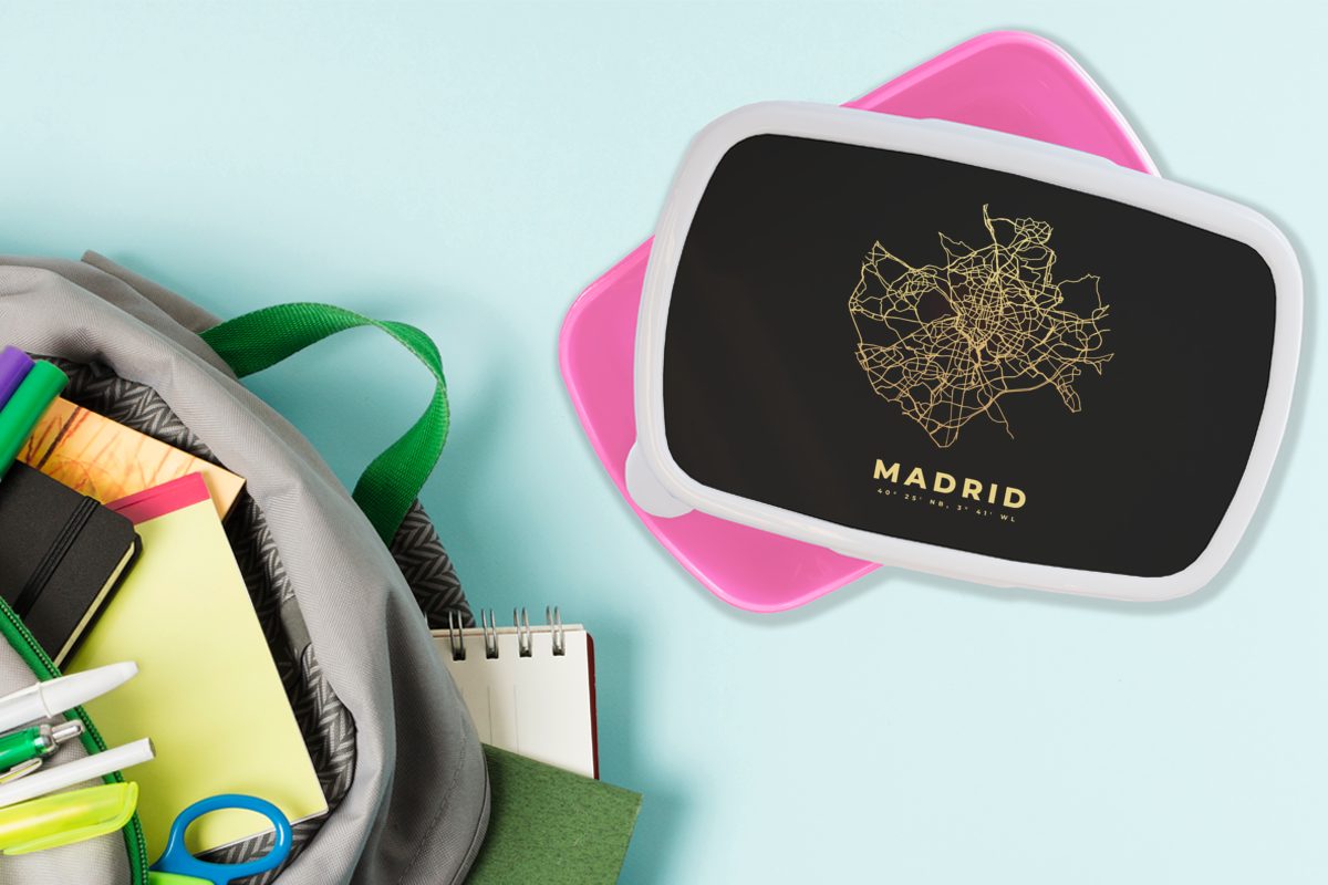 Lunchbox rosa Madrid Kunststoff, Kinder, Karte MuchoWow Kunststoff Gold, (2-tlg), Brotdose Spanien Brotbox Snackbox, für Erwachsene, - - - Mädchen,