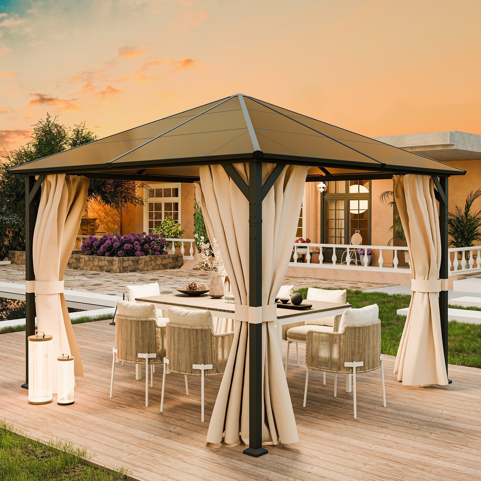 UDPATIO Pavillon Polycarbonat mit Vorhängen wasserdicht günstig online kaufen