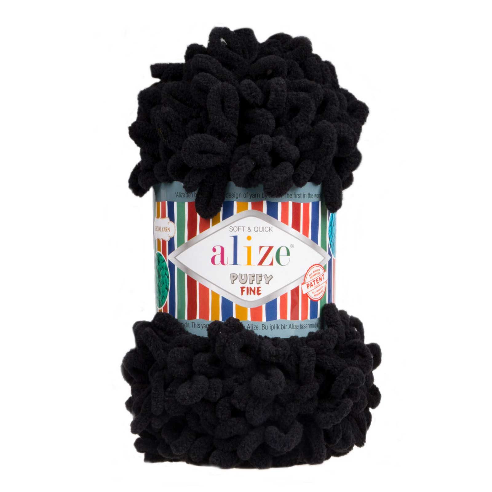Alize 5 x 100g Strickgarn ALIZE Puffy Fine, Fingerstrick Fingerstrick-Wolle Häkelwolle, 14 m (Sparpaket, 5-St), 1060 tiefschwarz