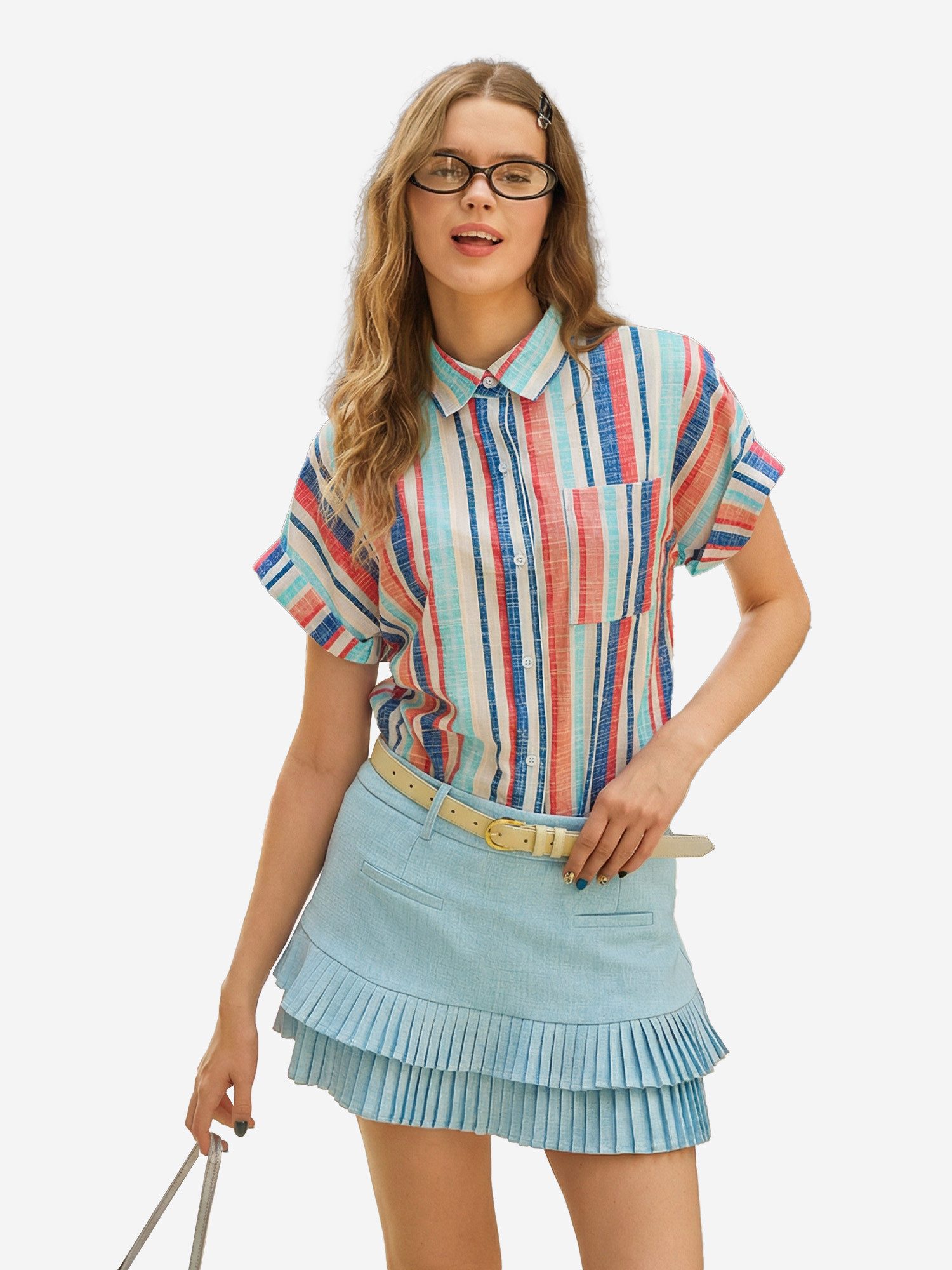Imily Bela Hemdbluse Damen gestreifte Bluse mit Knopfleiste (Packung, 1-tlg., 1per-Pack) Brusttasche