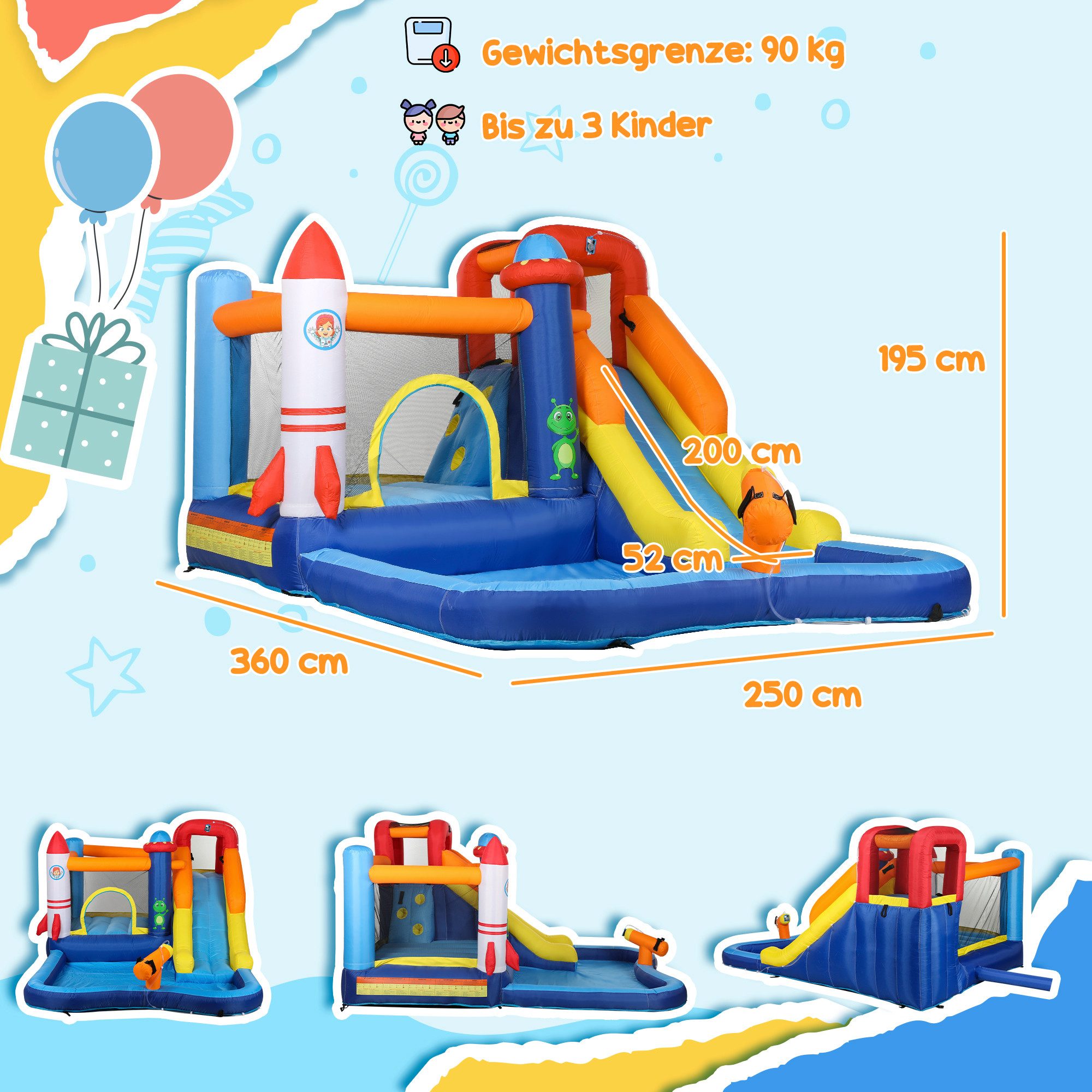 AIYAPLAY Hüpfburg mit Gebläse Rutsche Planschbecken Kletterwand Sprung, (Aufblasbare Springburg, 1-tlg., mit Tragetasche), für Indoor Outdoor für Kinder von 3-8 Jahren, 360 x 250 x 195 cm