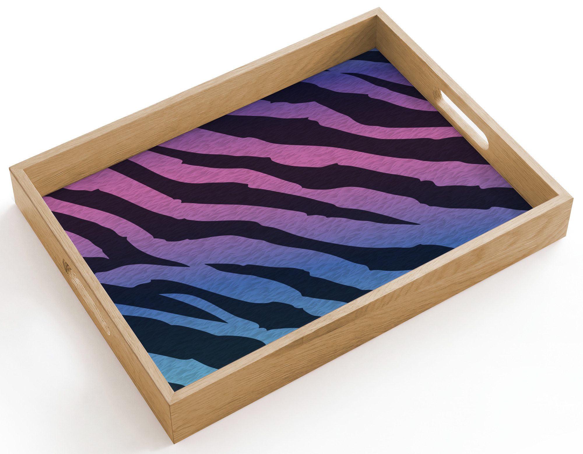 OnlyWow Tablett Rechteckig mit Henkel Tigerdruck - Blau - Lila - Farbenfroh, Eichenholz, (1-tlg), Siervierplatte, Tray, Frühstücksbrett