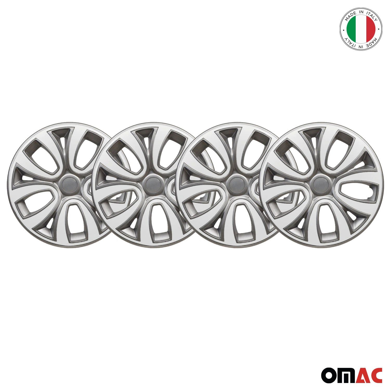 OMAC Wheel Covers 15 inch Grey & White 4-piece set, (4-pcs) Easy installation, lightweight, car wash safe