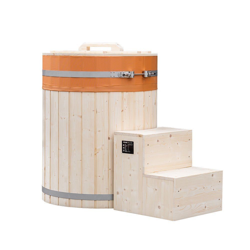 HOME DELUXE Pool Cold Tub / Badefass (70cm) ARUM (Komplett-Set, inkl. Abdeckung & Treppe), aus nordischer Fichte, mit integriertem Sitz I Eisfass, Eispool