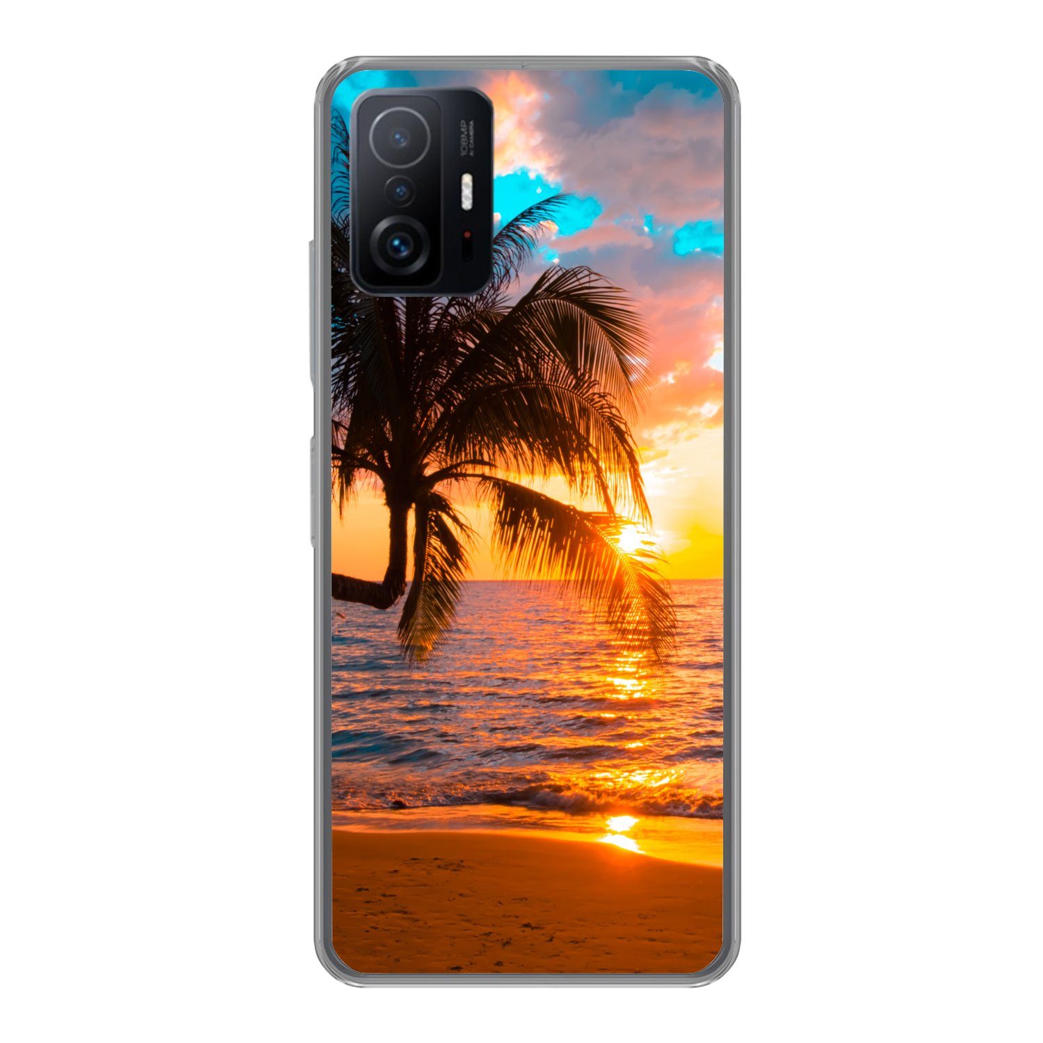 MuchoWow Handyhülle für Xiaomi 11T Pro Palme - Sonnenuntergang - Horizont - Strand - Meer, Phone Case, Silikon, Schutzhülle Dünn