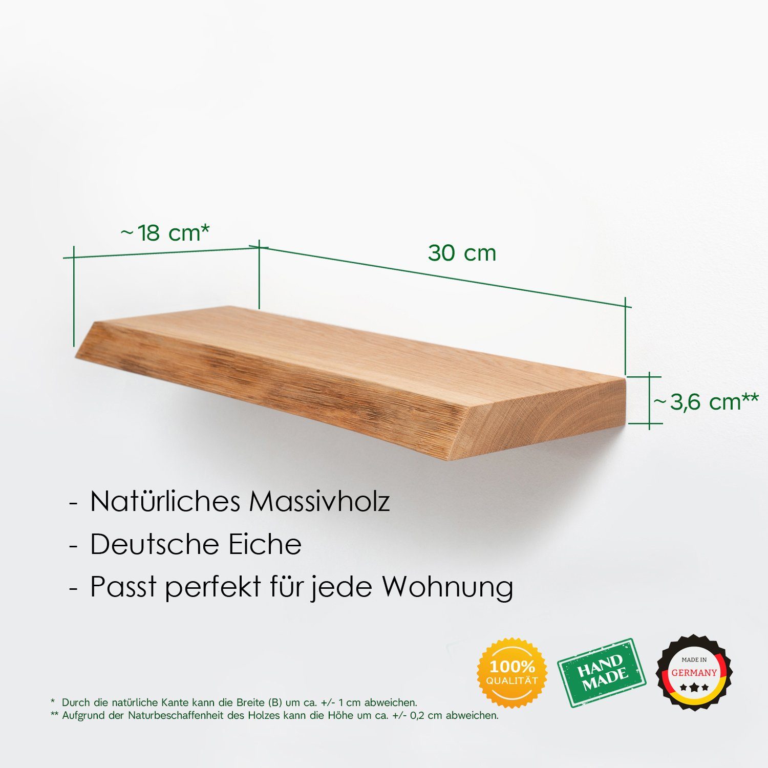 massiv mit Handgefertigtes - Wandregal Regal Holz LEO, Baumkante in Made Eiche Hell Germany Rikmani