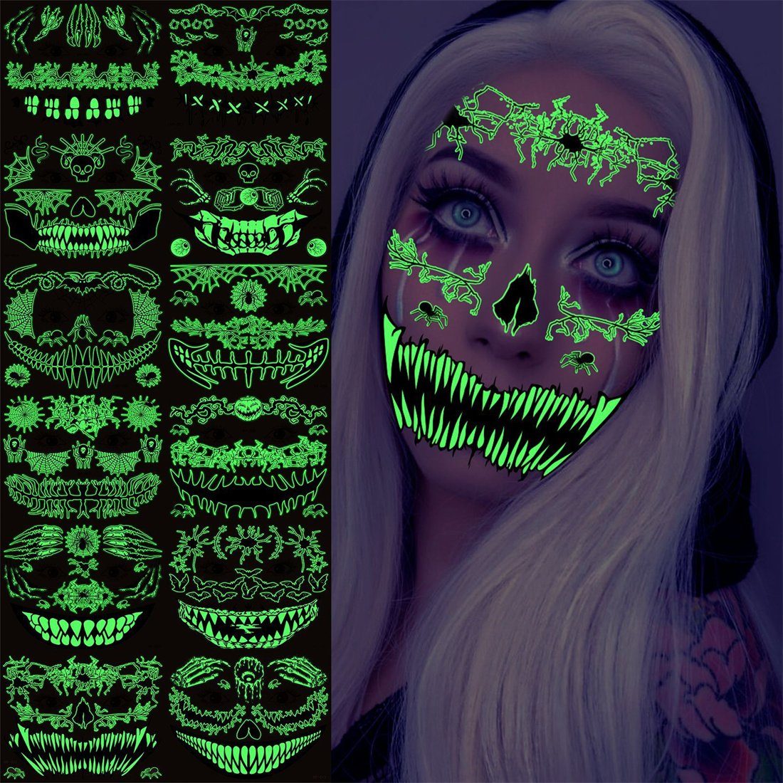 DÖRÖY Schmuck-Tattoo 12 Halloween Glow-in-the-Dark Tattoo Aufkleber,Horror Tattoo Aufkleber