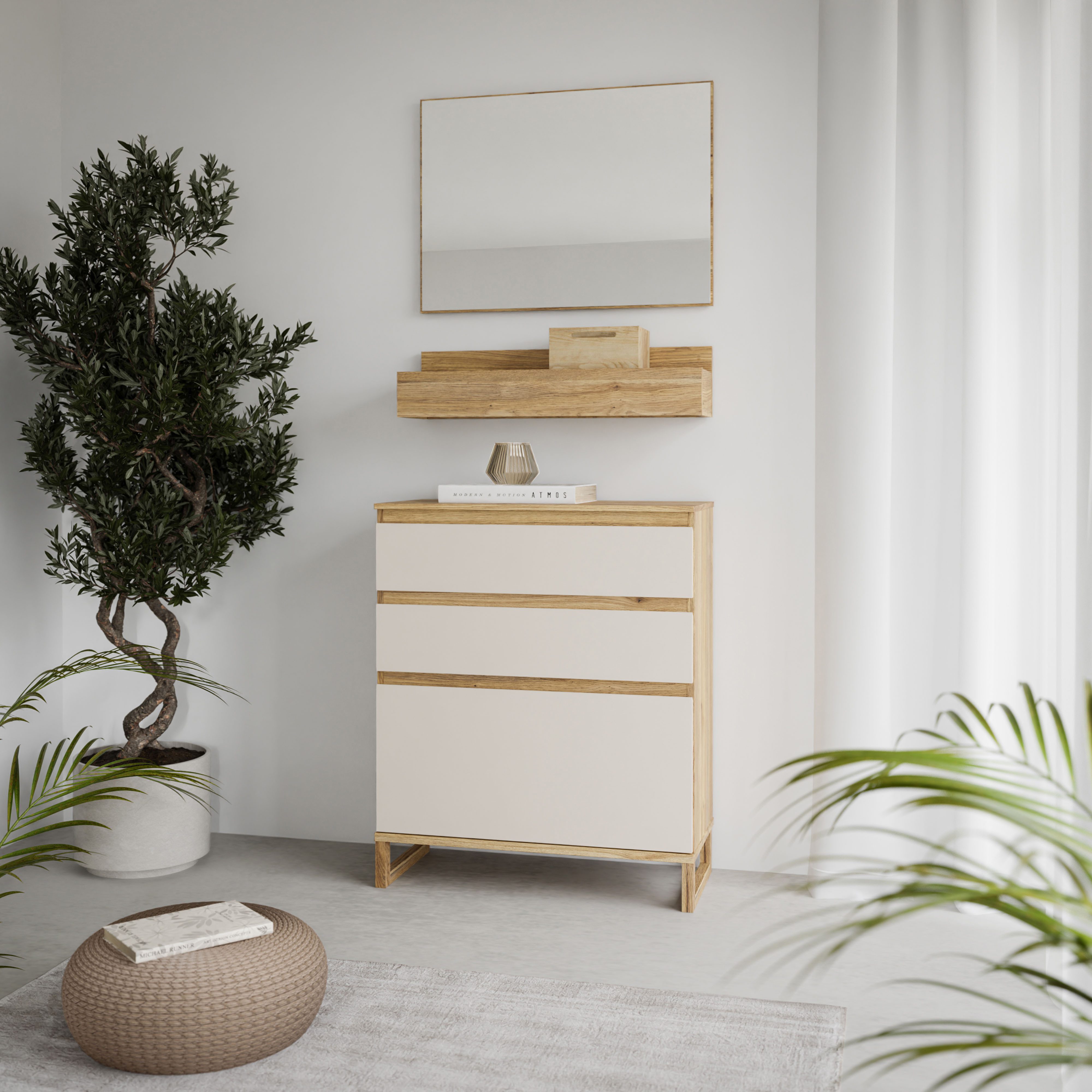 FORTE Шафи-Set, (3-St), Kompaktgarderobe mit Spiegel, Regal und Kommode mit Schuhkorb