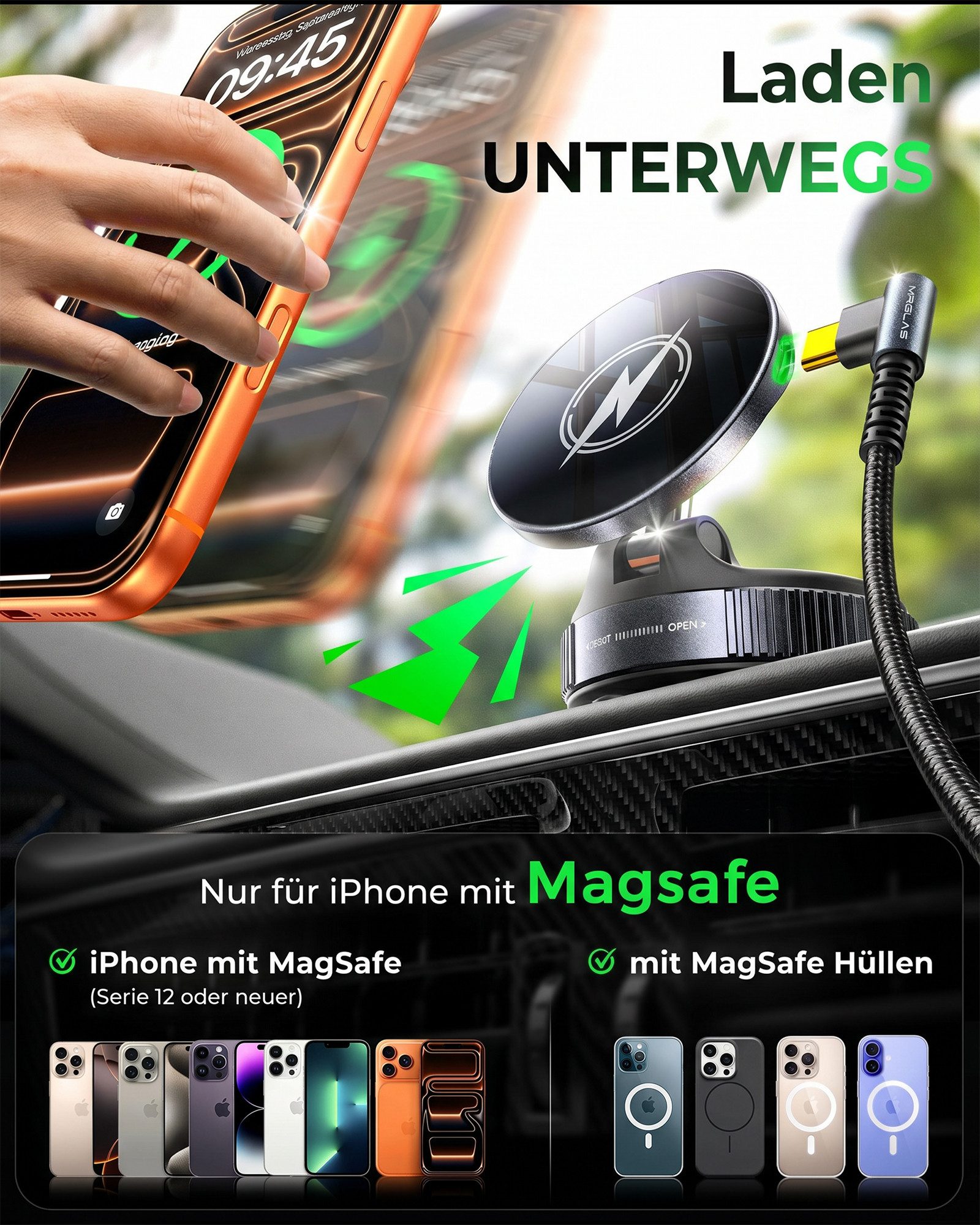 GreenHec Smartphone-Halterung Handyhalterung Auto Vakuum MagSafe Ladefunktion 15W Saugnapf Magnet, (bis 7 Zoll, Spar-Set, Handyhalterung Auto mit Wireless Charging, Qi2 Autohalterung, kabelloses Laden, Car Mount, Phone Mount)