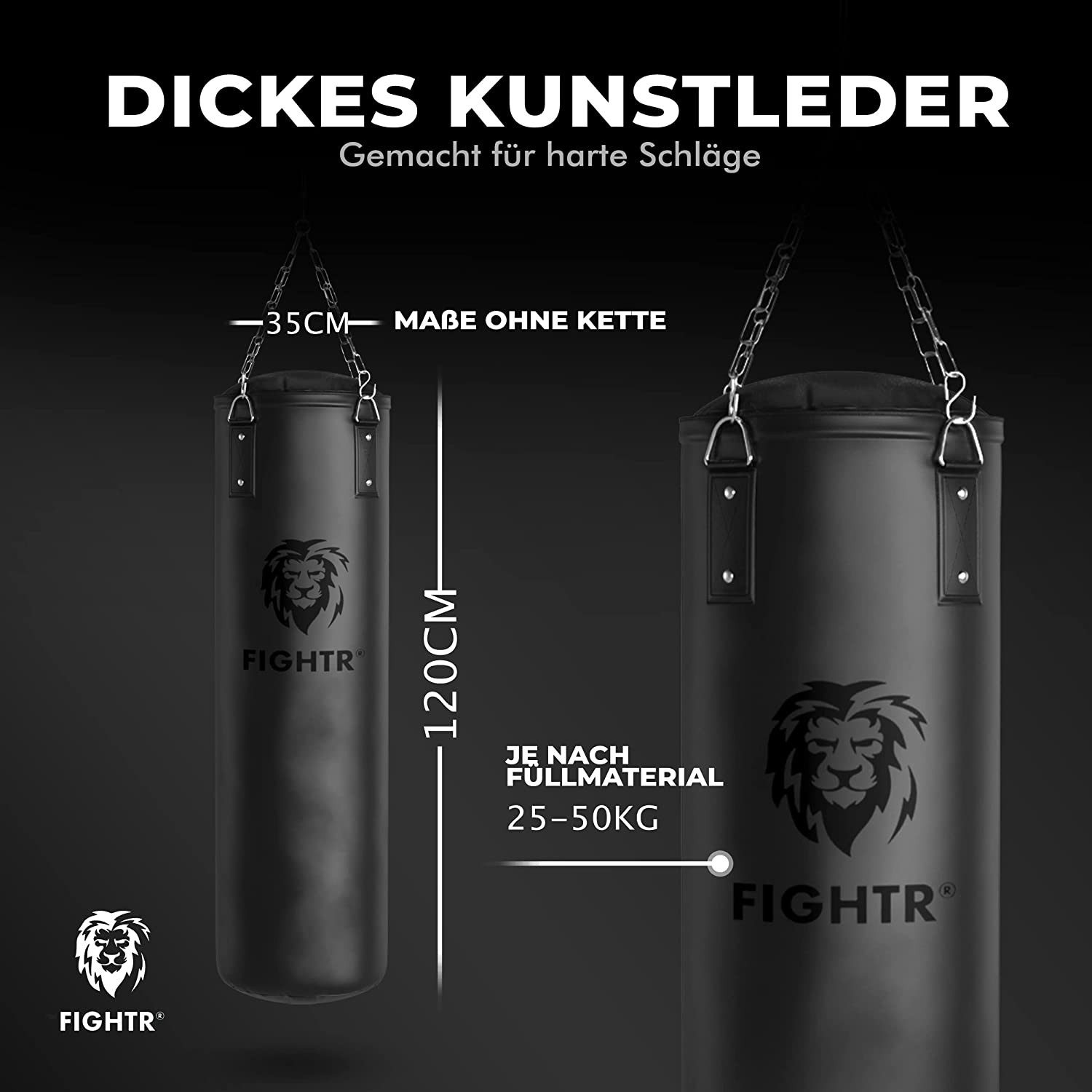FIGHTR Boxsack gefüllt / ungefüllt 120cm für Boxen, Kickboxen, MMA & mehr