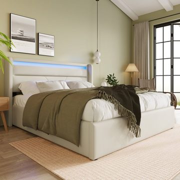 BlingBin Polsterbett Stauraumbett Doppelbett mit LED-Leuchten 160x200cm Weiß (mit Großer Bettkasten und Fernbedienung), Gesamtabmessung 202x166x107.5 cm